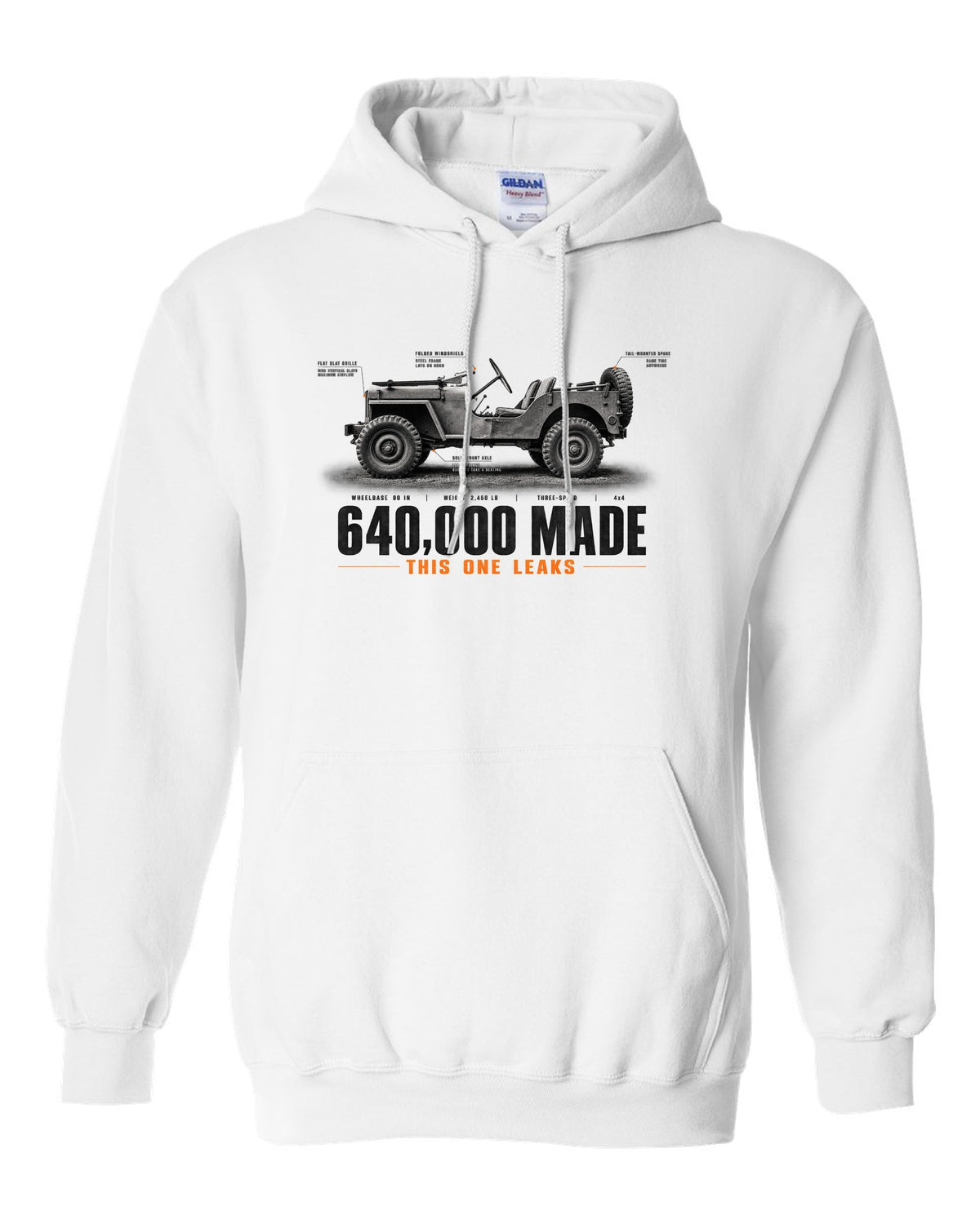Spec poster print for the Willys MB and Ford GPW, 640,000 made white pull over hoodie front view with the design