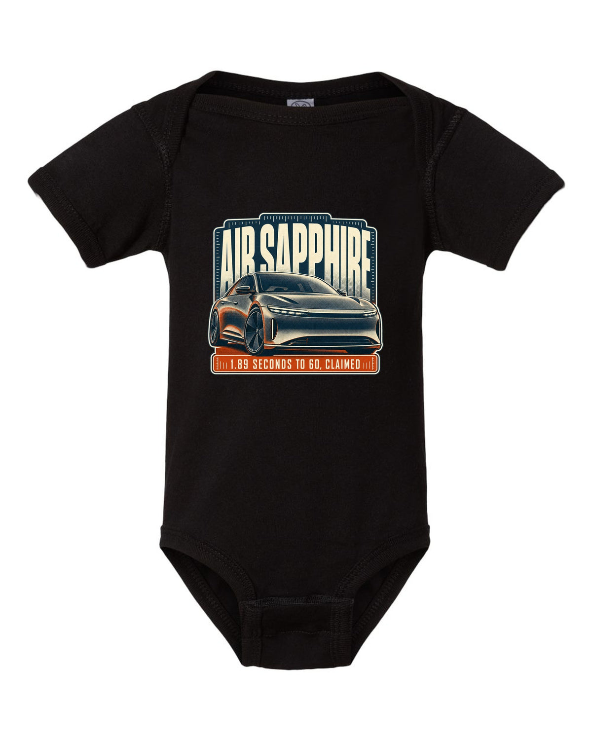 Halftone print of a Lucid Air Sapphire with 1.89 second 0-60 claim black baby onesie front view with the design