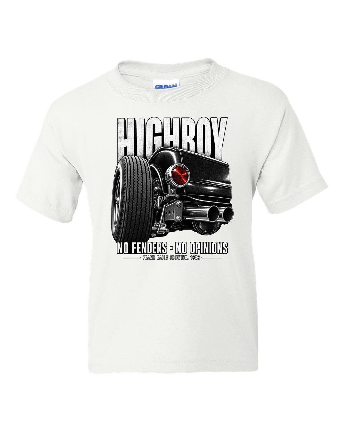Rear taillight detail print of a 1932 Ford Deuce highboy roadster white kids tee front view with the design