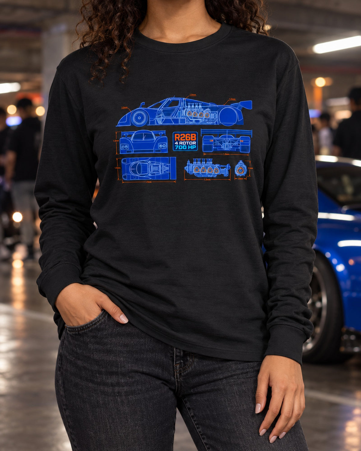 Mazda 787B R26B Engine Cutaway Blueprint Shirt, 4 Rotor Long Sleeve Black worn hero