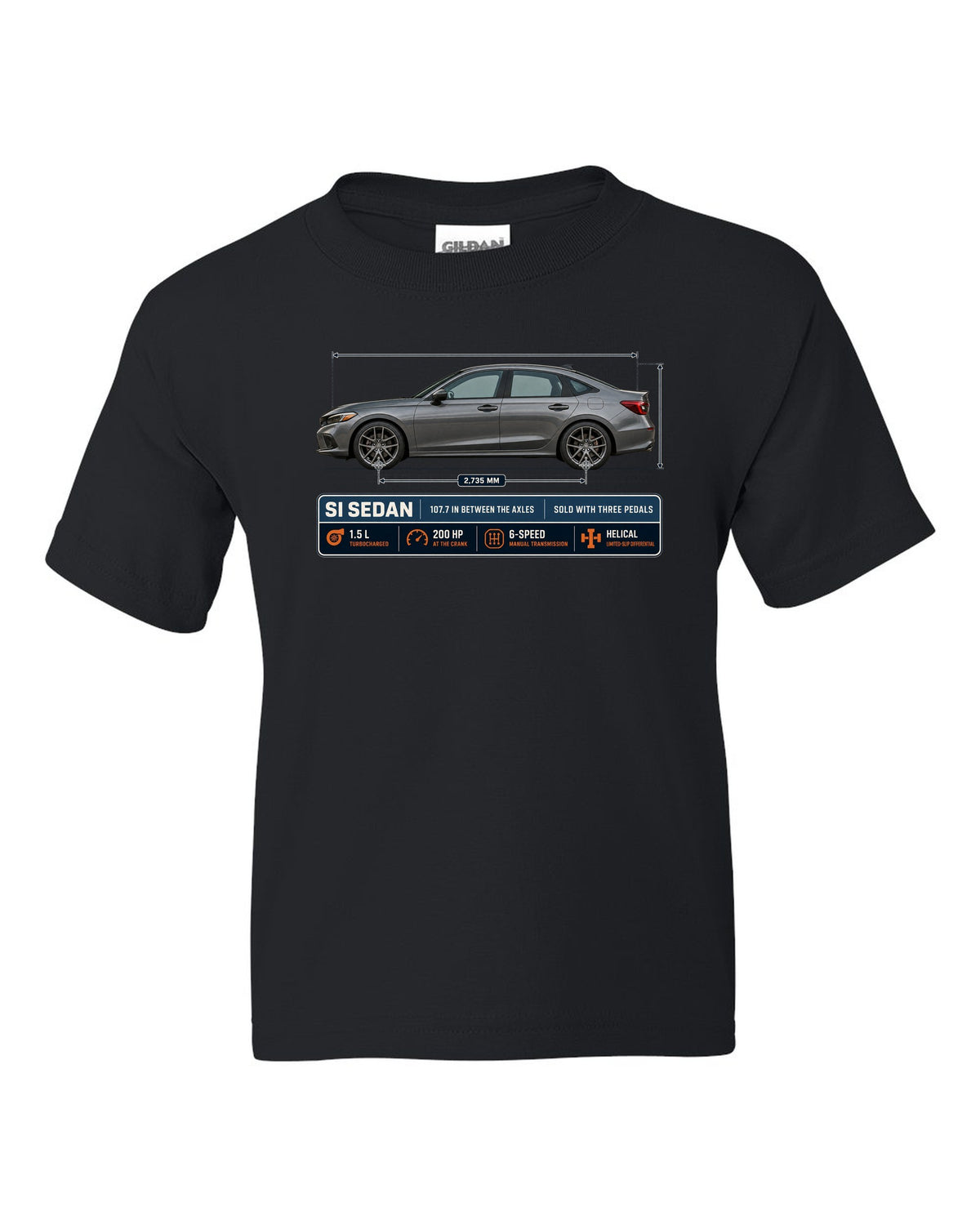 Civic Si FE1 Sedan Dimension Blueprint black kids tee front view with the design
