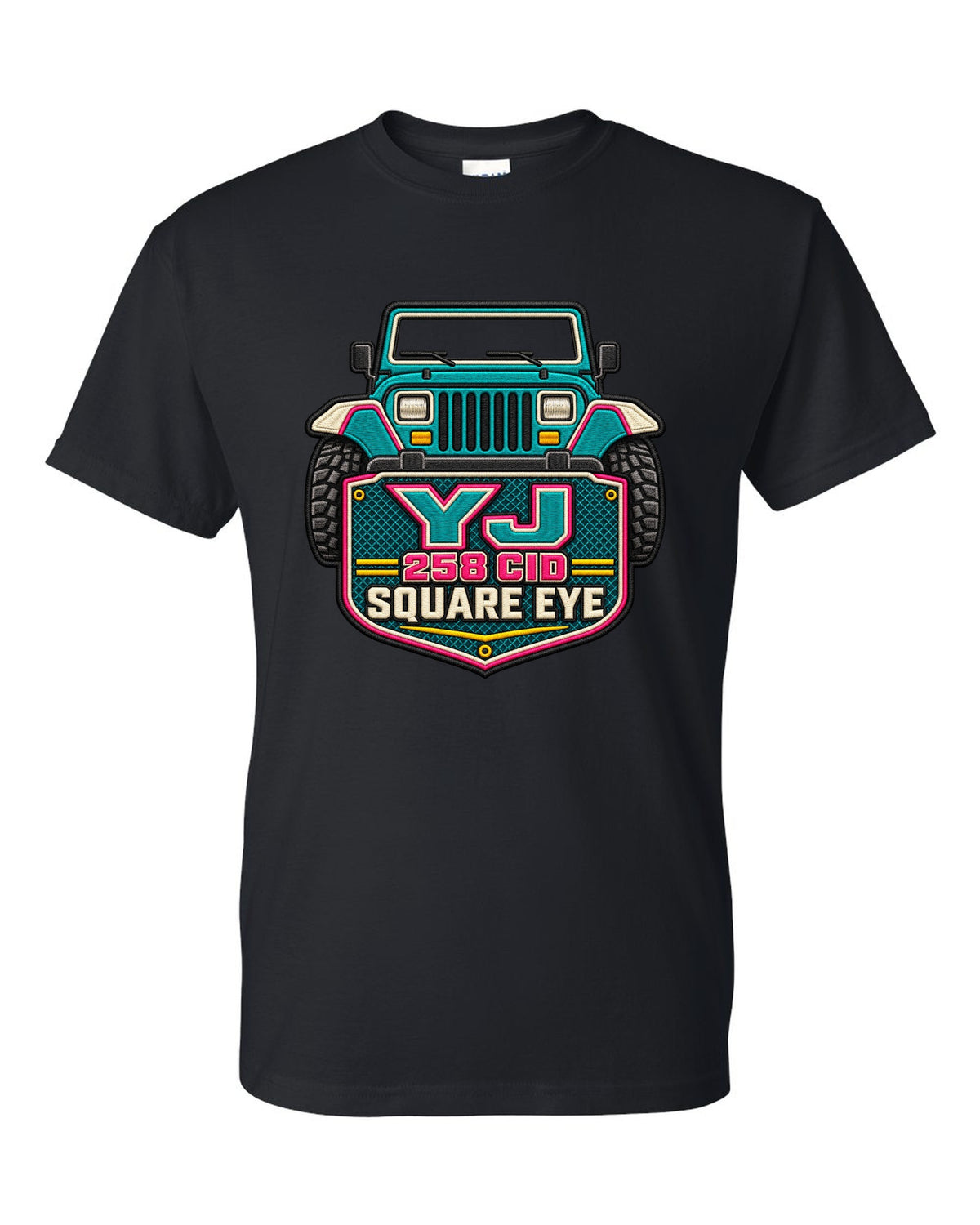 Embroidery-style varsity crest print of a Jeep Wrangler YJ with square eye text black t-shirt front view with the design
