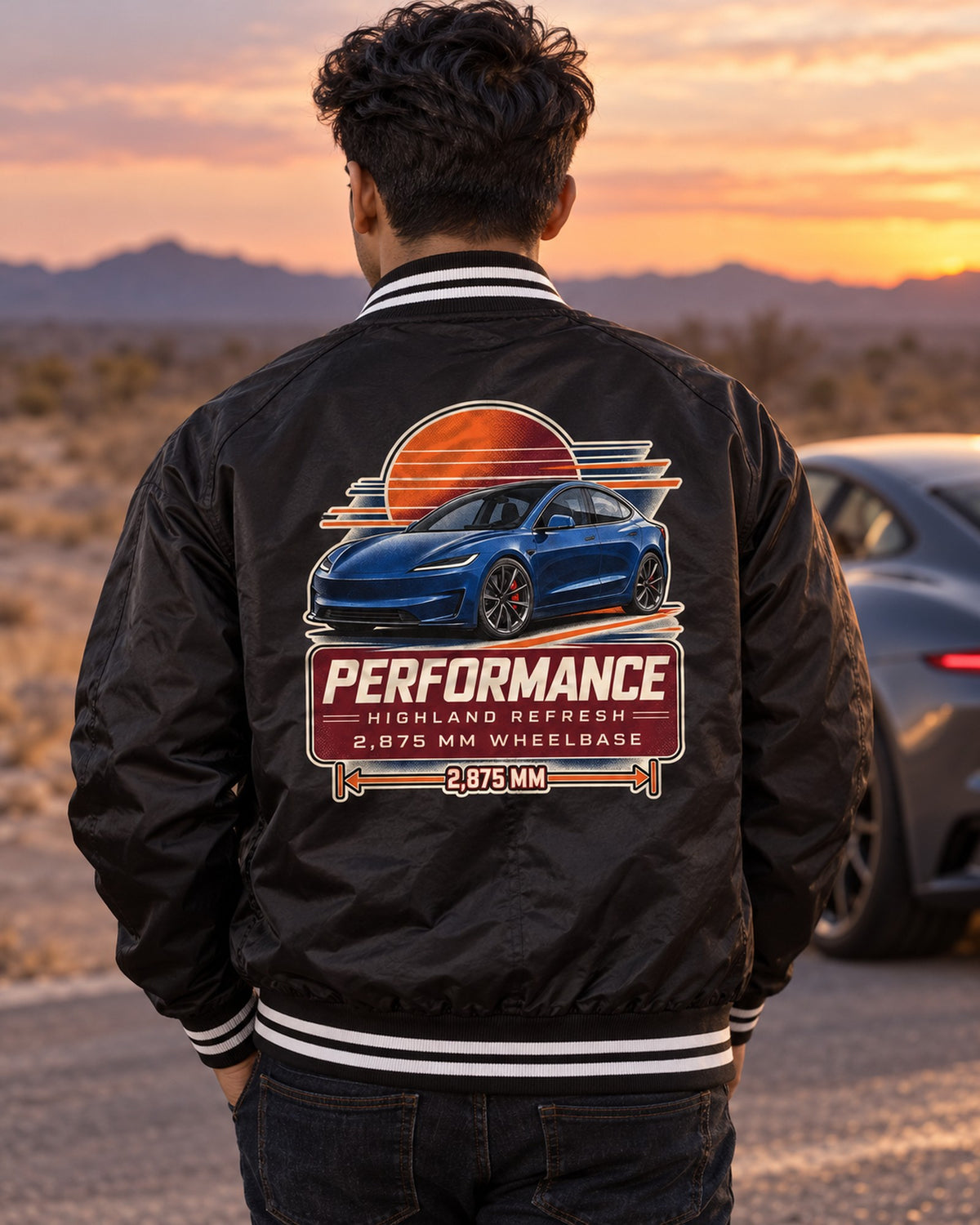 Tesla Model 3 Performance Highland Spec Poster Shirt, 2024 Bomber Jacket Black worn hero