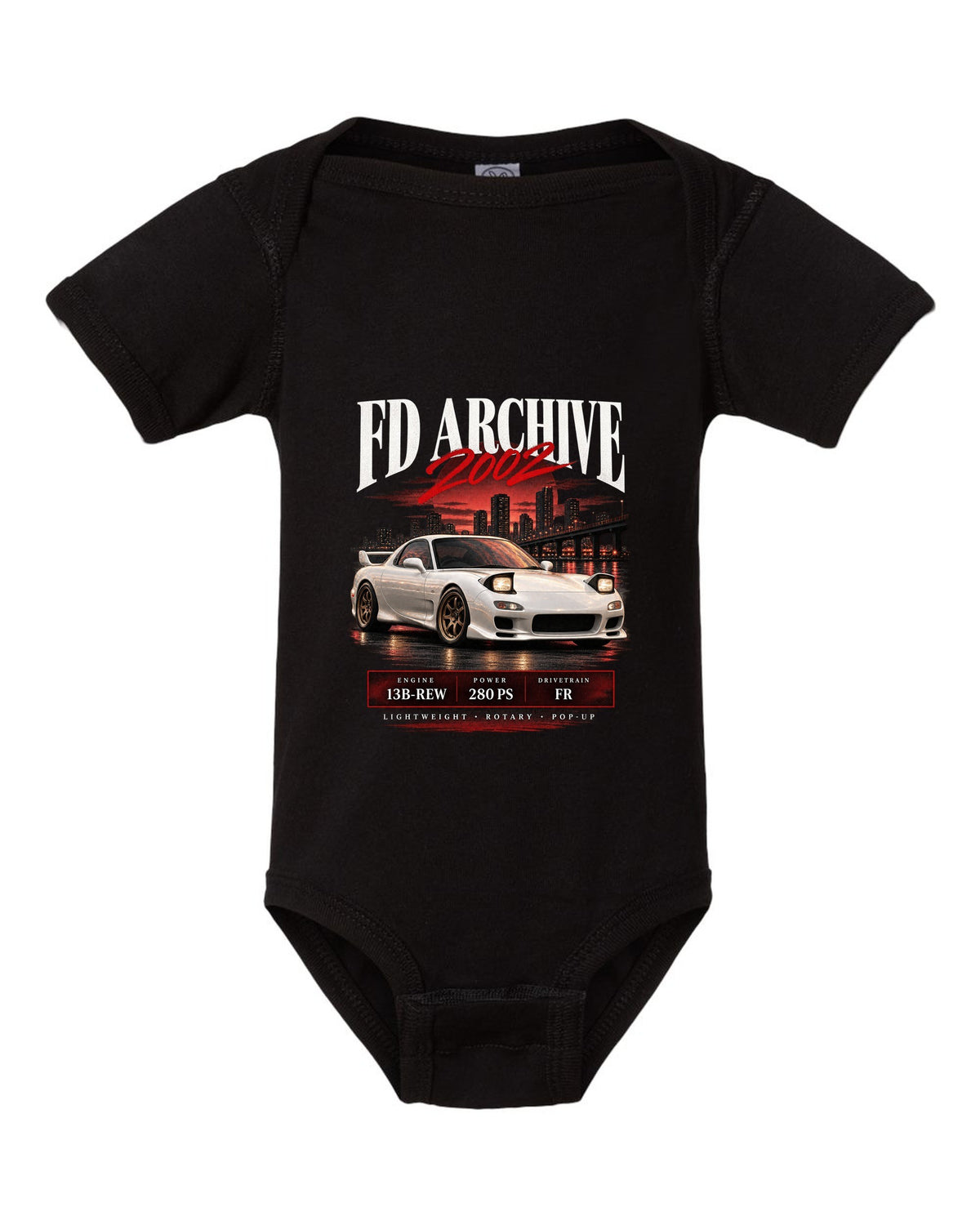 Archive panel print of the Mazda RX-7 FD3S Spirit R 2002 with spec lettering black baby onesie front view with the design