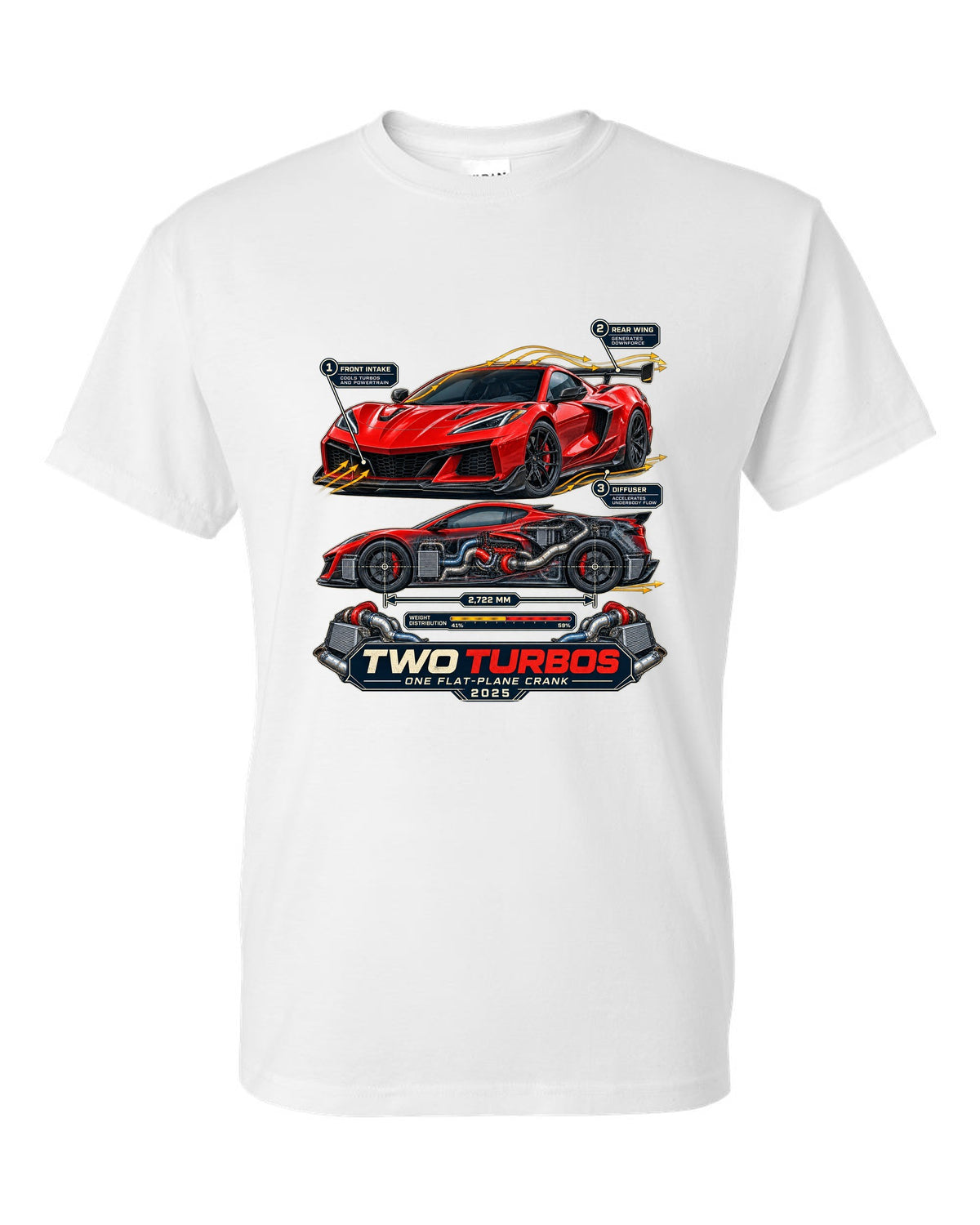 print of a Chevrolet Corvette C8 ZR1 cutaway with callouts for twin turbos and flat-plane crank white t-shirt front view with the design