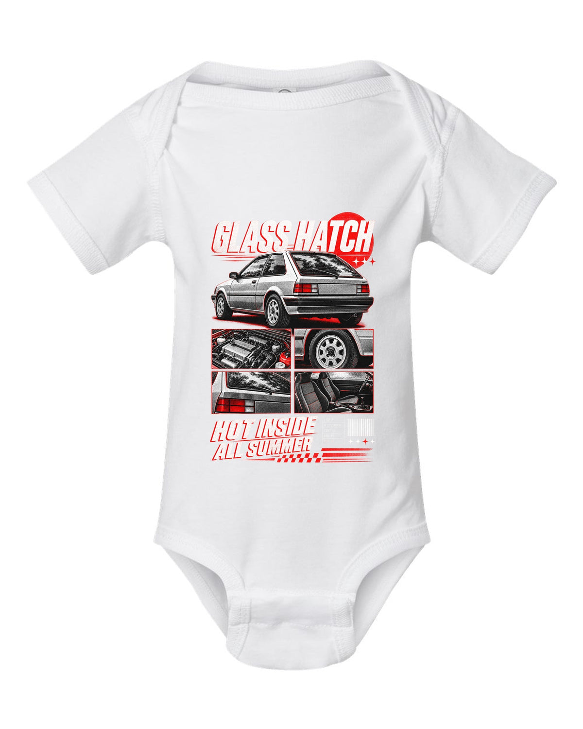 Dossier panel print for the 1989 Honda CRX EF8 Si about its glass ch being hot all summer white baby onesie front view with the design