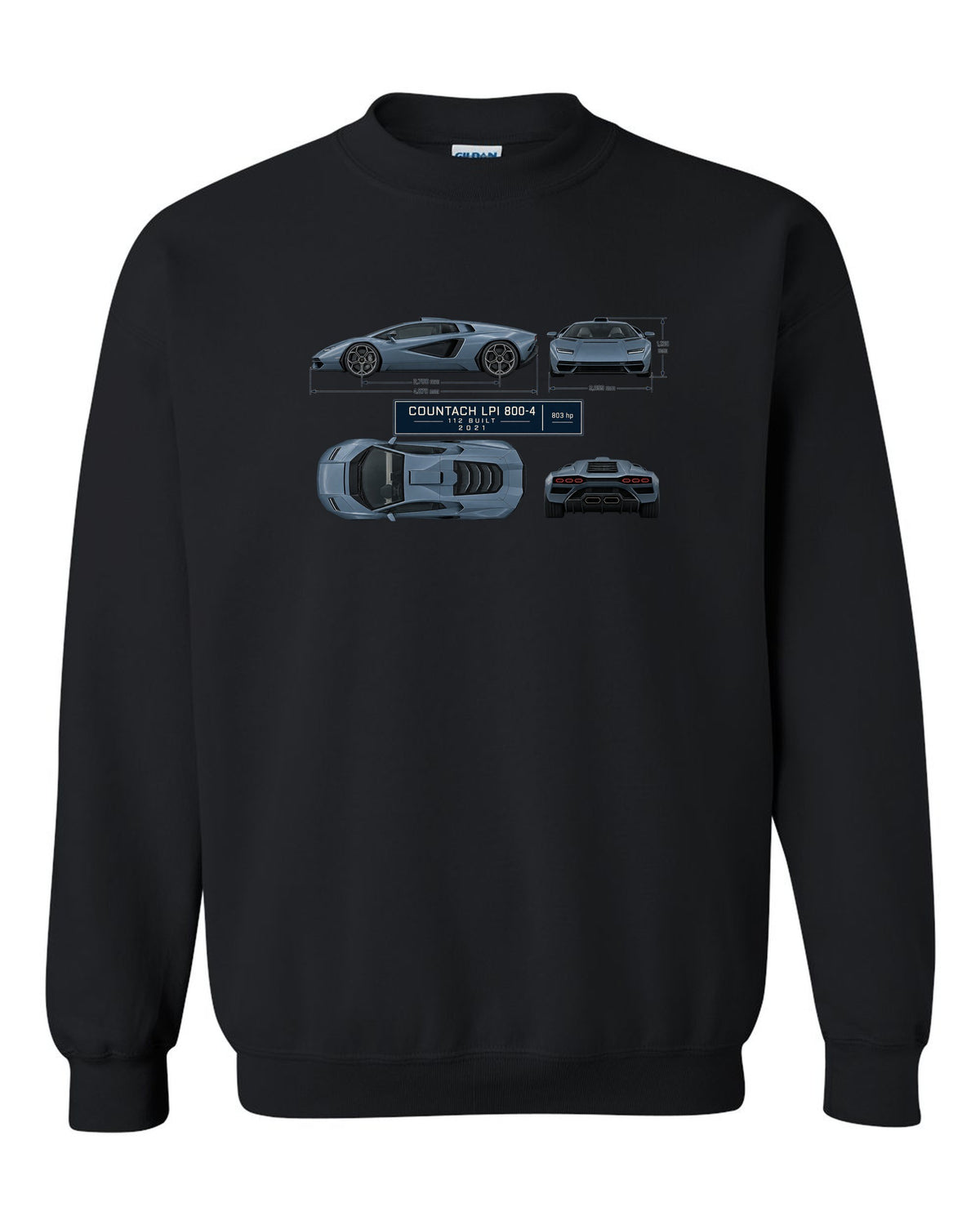 Lamborghini Countach LPI 800-4 dimension blueprint print with 112 built 2021 lettering black crewneck front view with the design