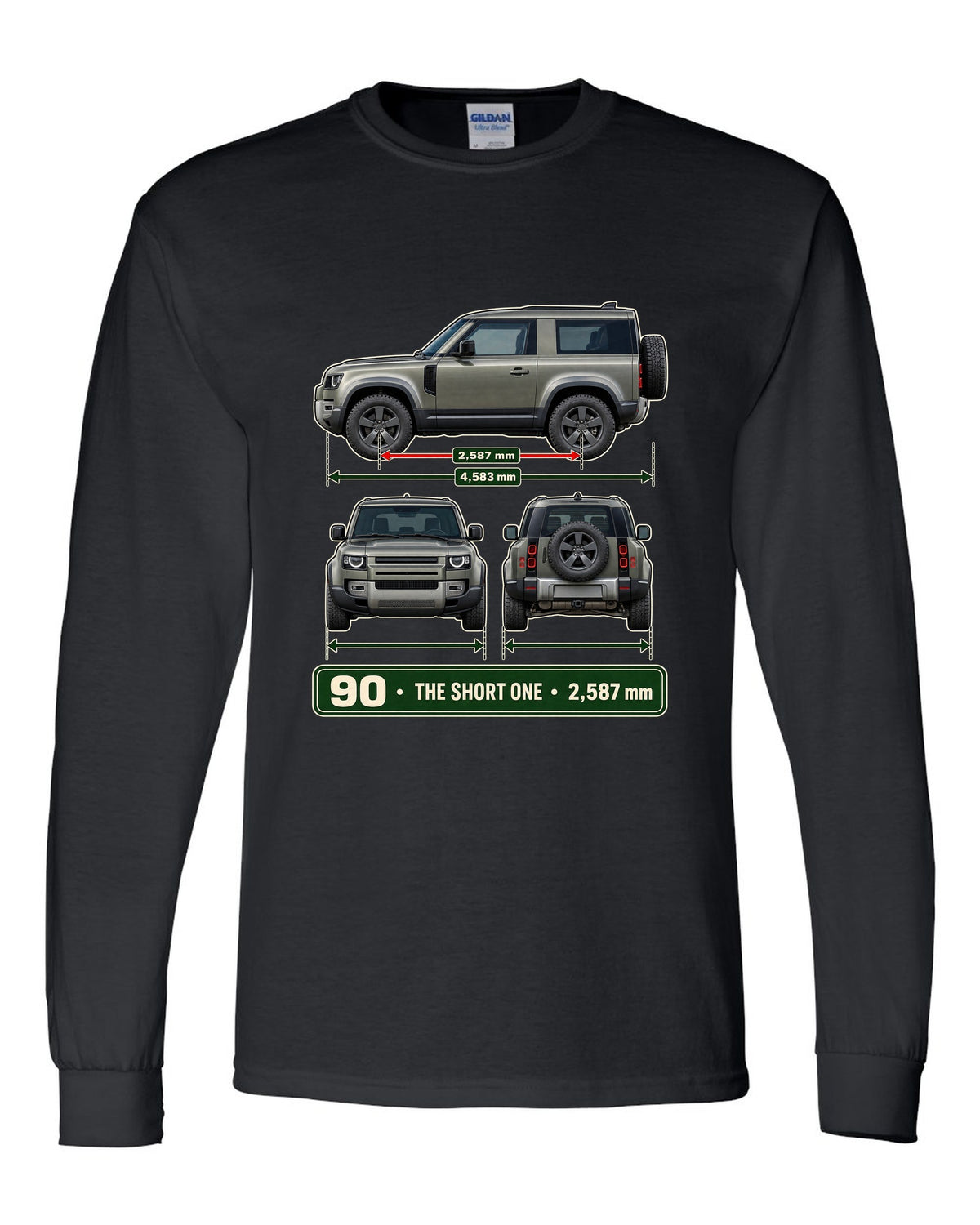 Three-view drawing with spec table print of the Land Rover Defender 90 L663 black long sleeve front view with the design