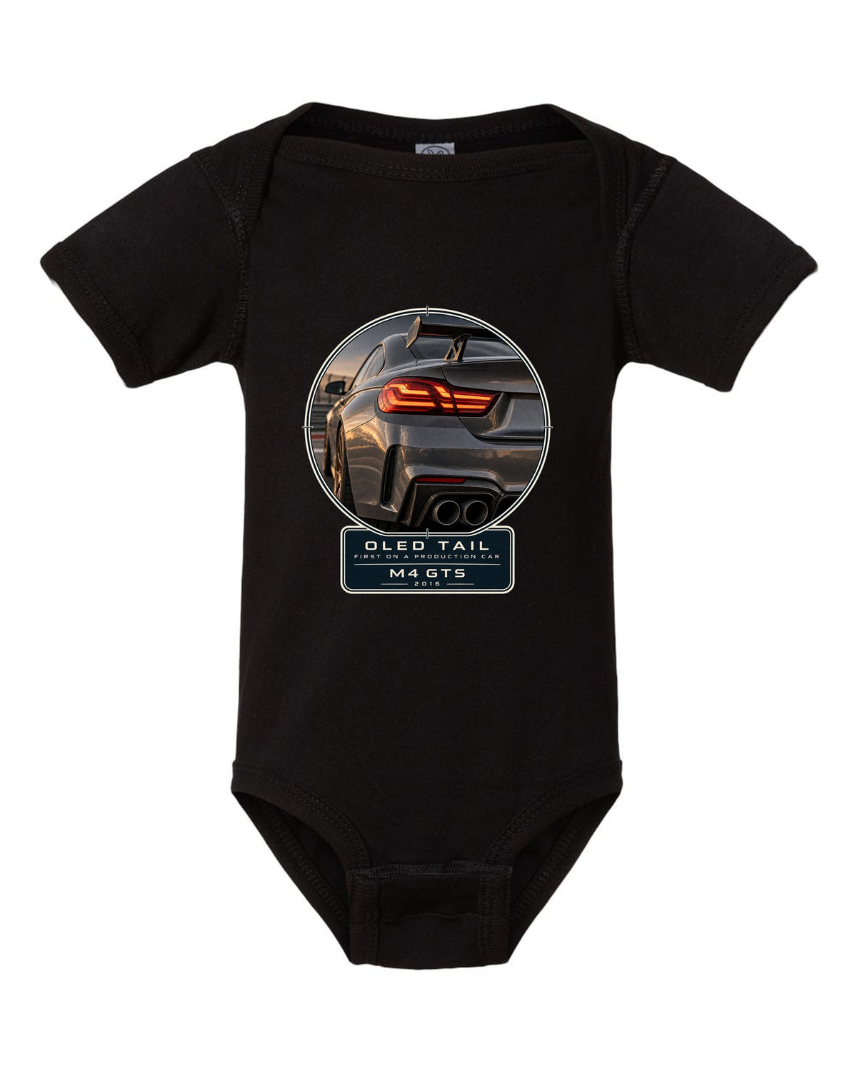 BMW M4 GTS OLED taillight macro print design black baby onesie front view with the design