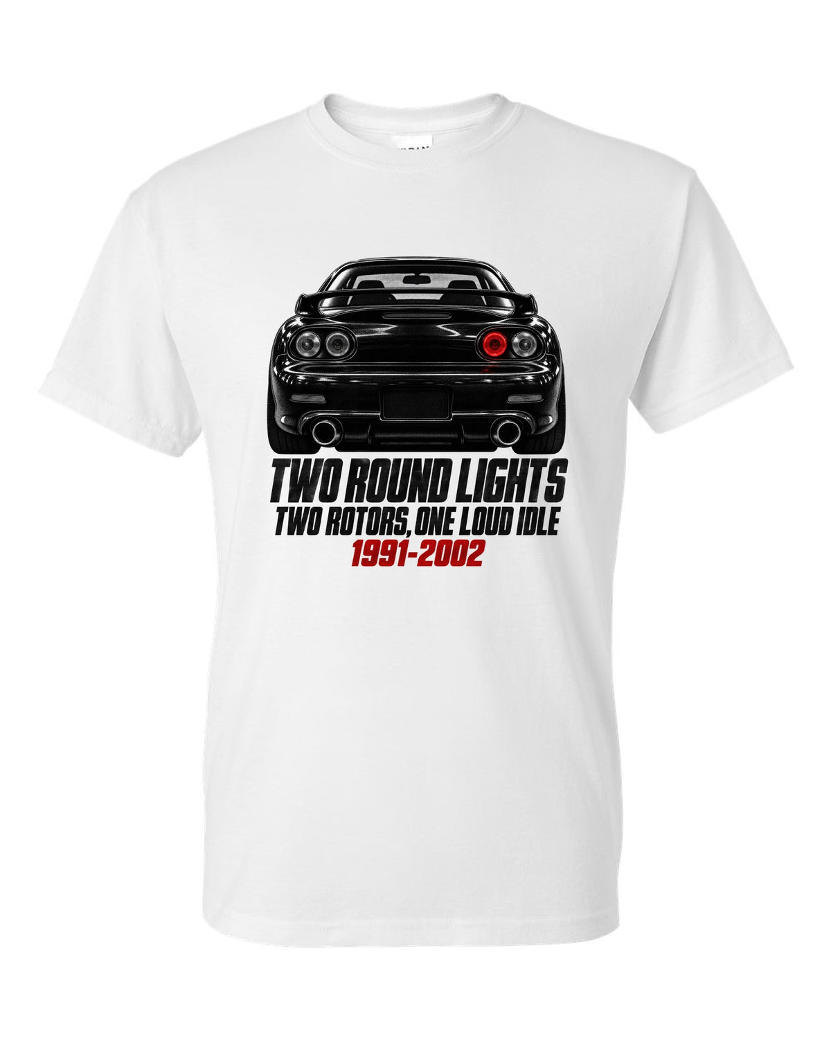 Taillight detail print of a Mazda RX-7 FD3S with two round lamps white t-shirt front view with the design
