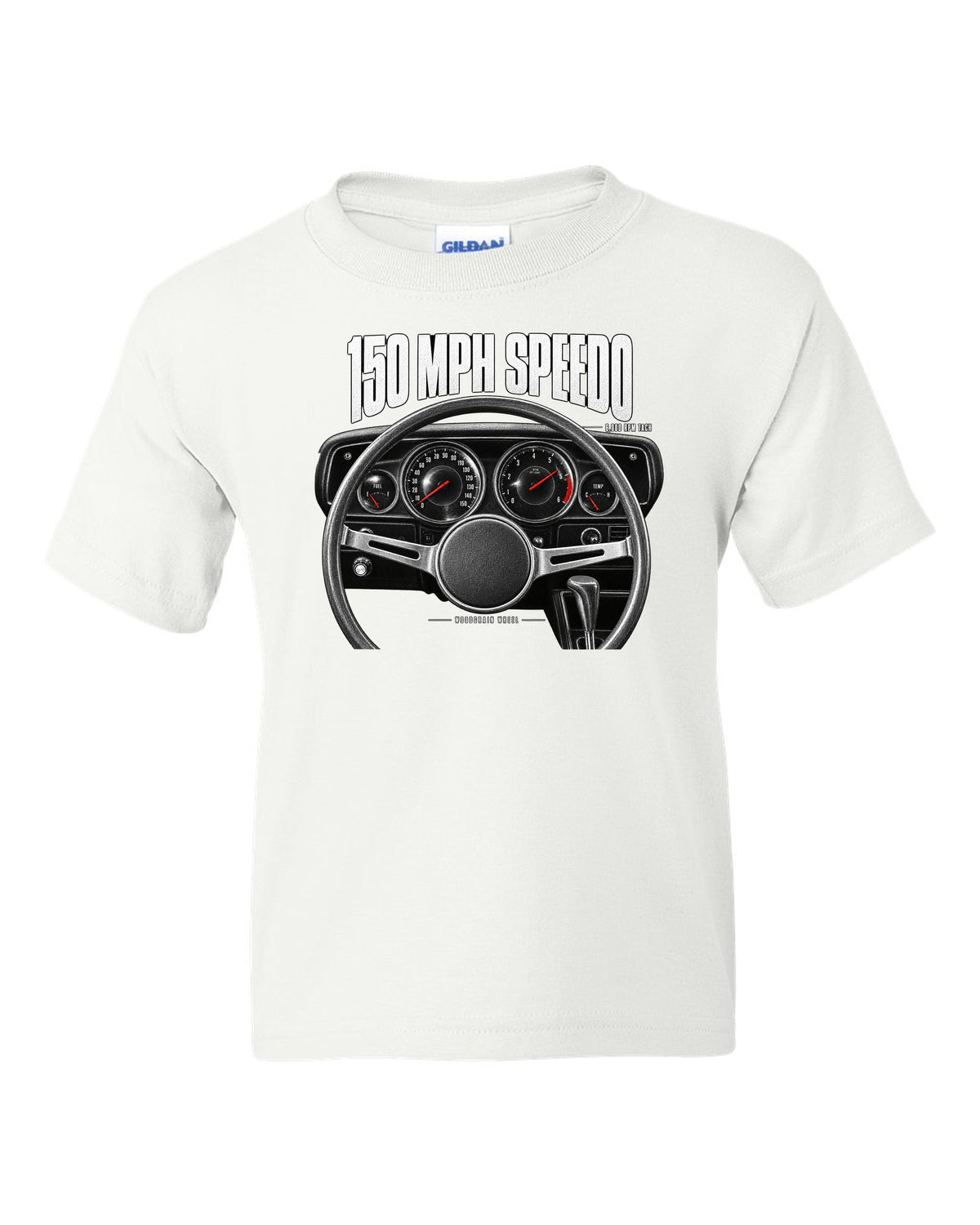 Cockpit gauge print of a 1970 Dodge Challenger R/T with speedometer, tach and woodgrain wheel white kids tee front view with the design