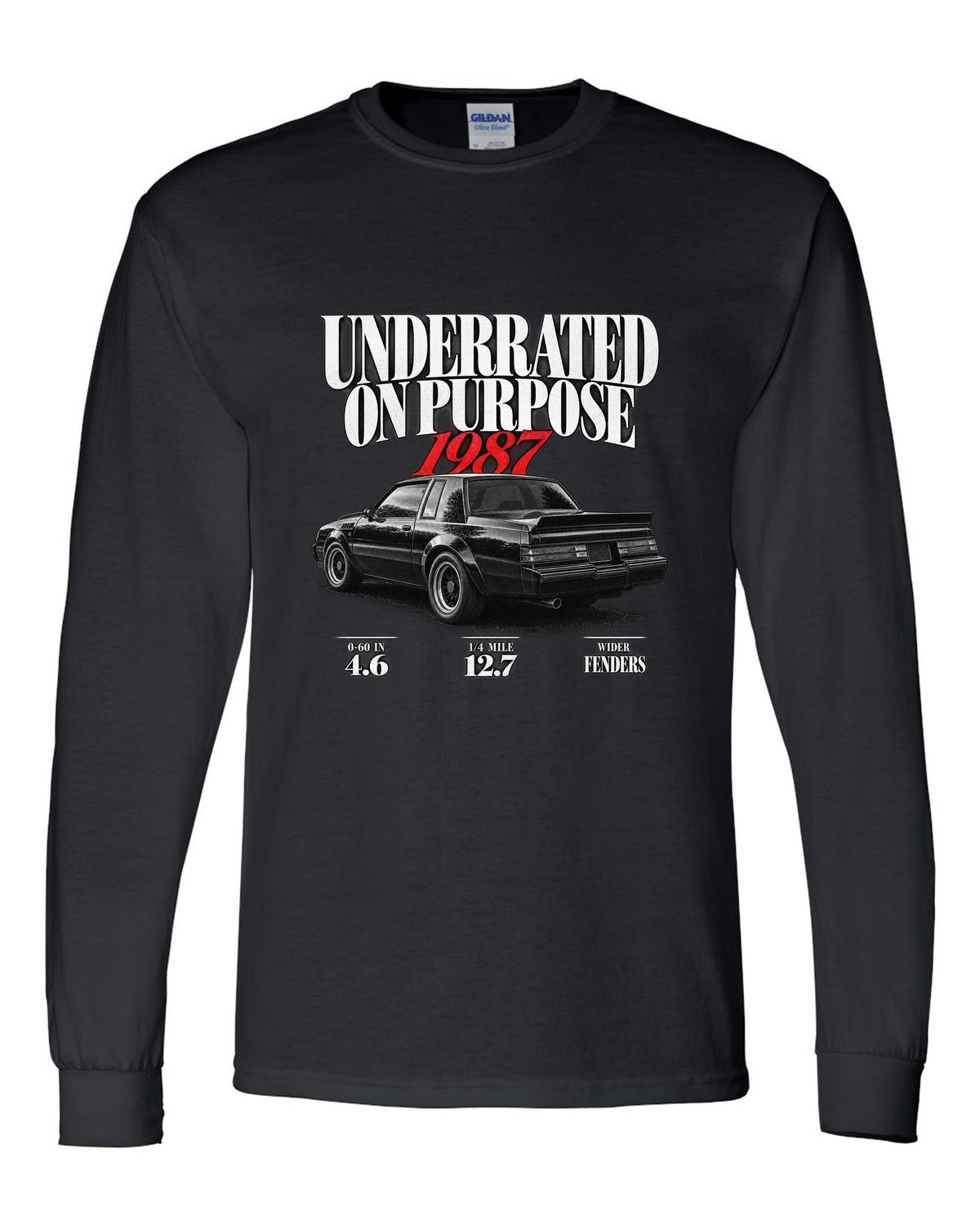 1987 Buick GNX editorial headline print with performance figures black long sleeve front view with the design
