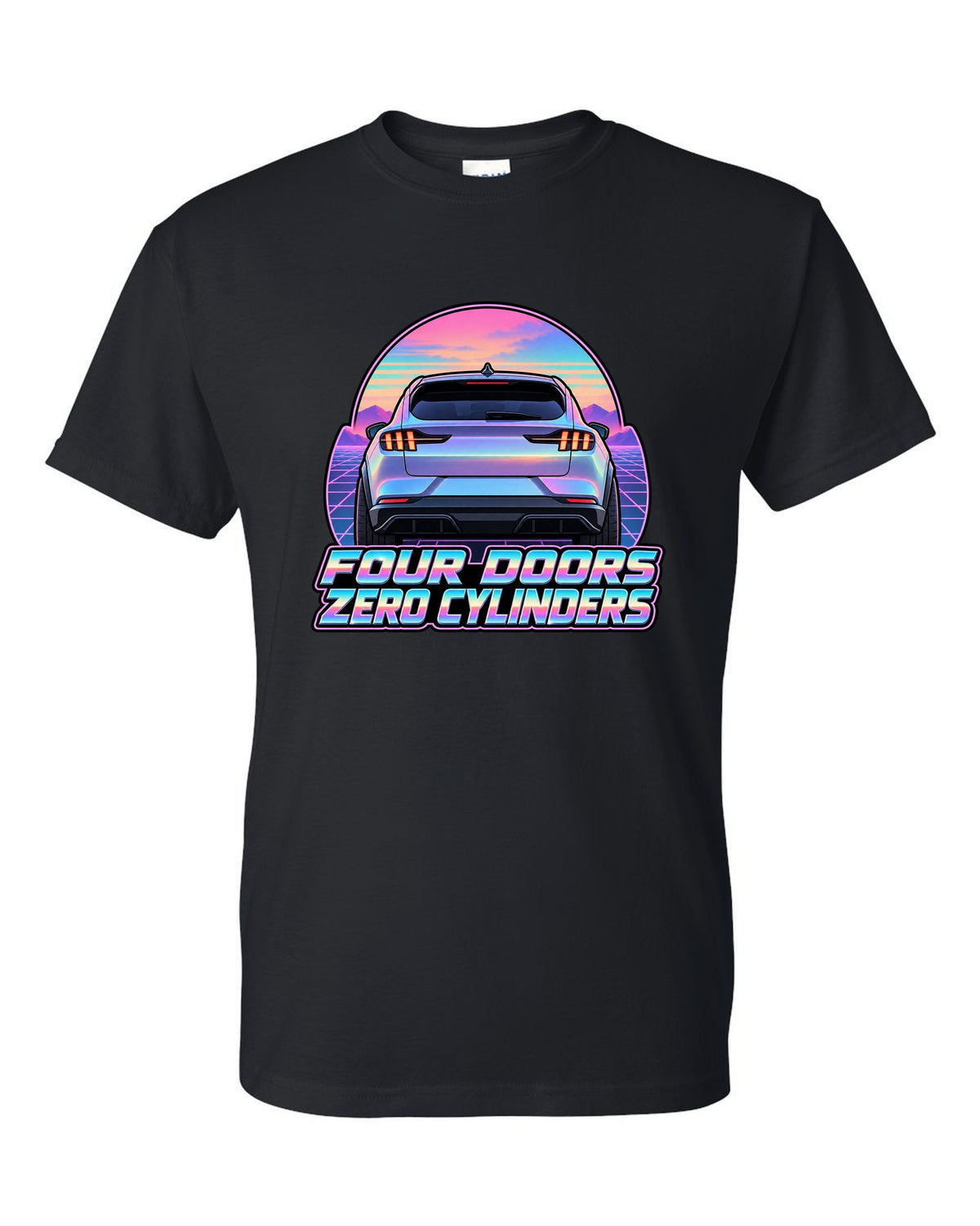 Vaporwave pastel print of a 2021 Ford Mustang Mach-E rear at dusk black t-shirt front view with the design