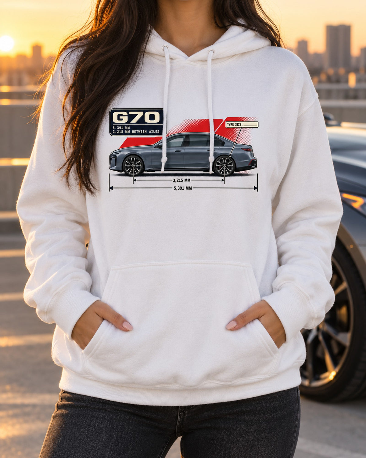 BMW i7 M70 xDrive G70 Dimension Blueprint Shirt Pull Over Hoodie White worn hero