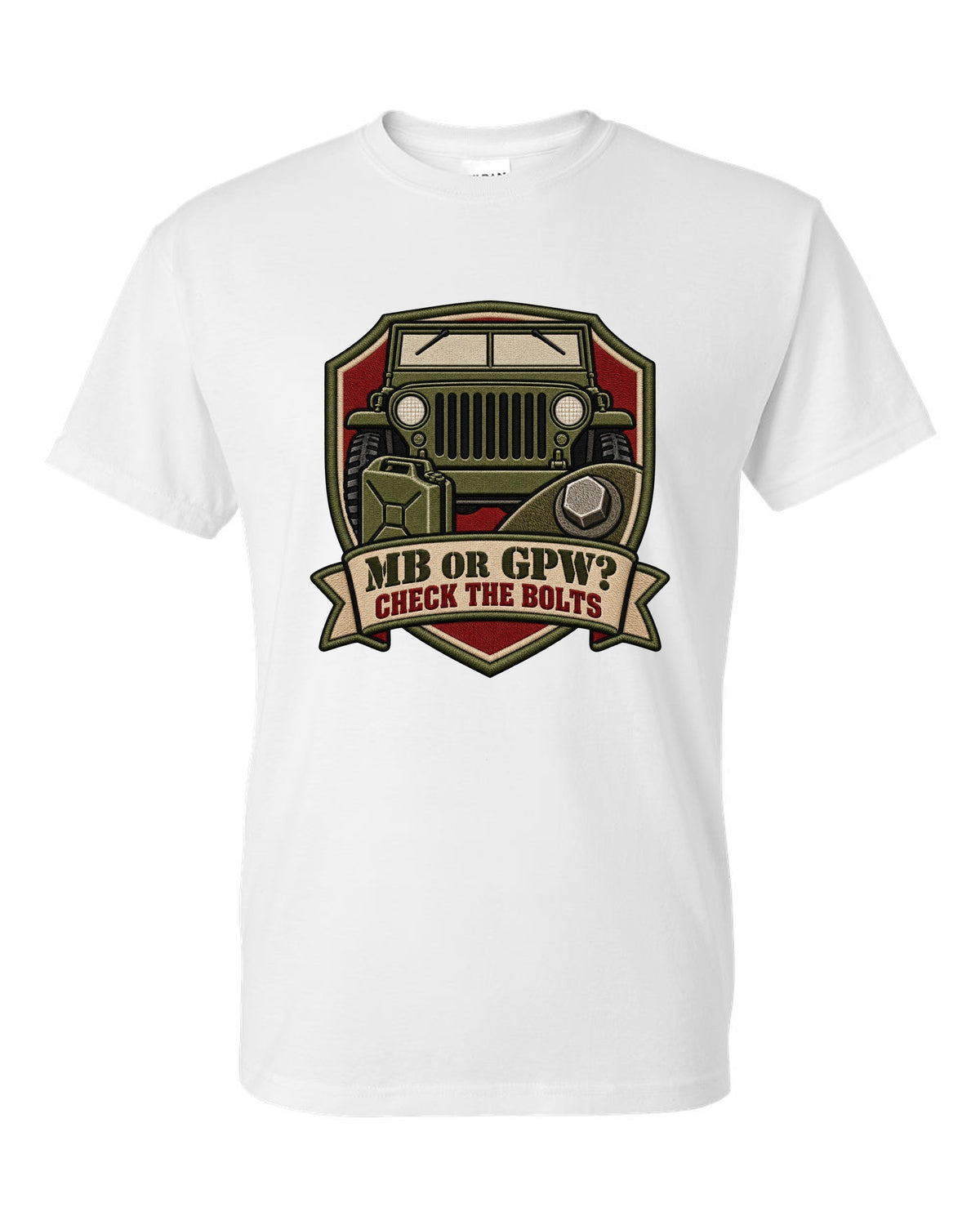 Embroidery-style service crest print of a Willys MB and Ford GPW with bolts text white t-shirt front view with the design