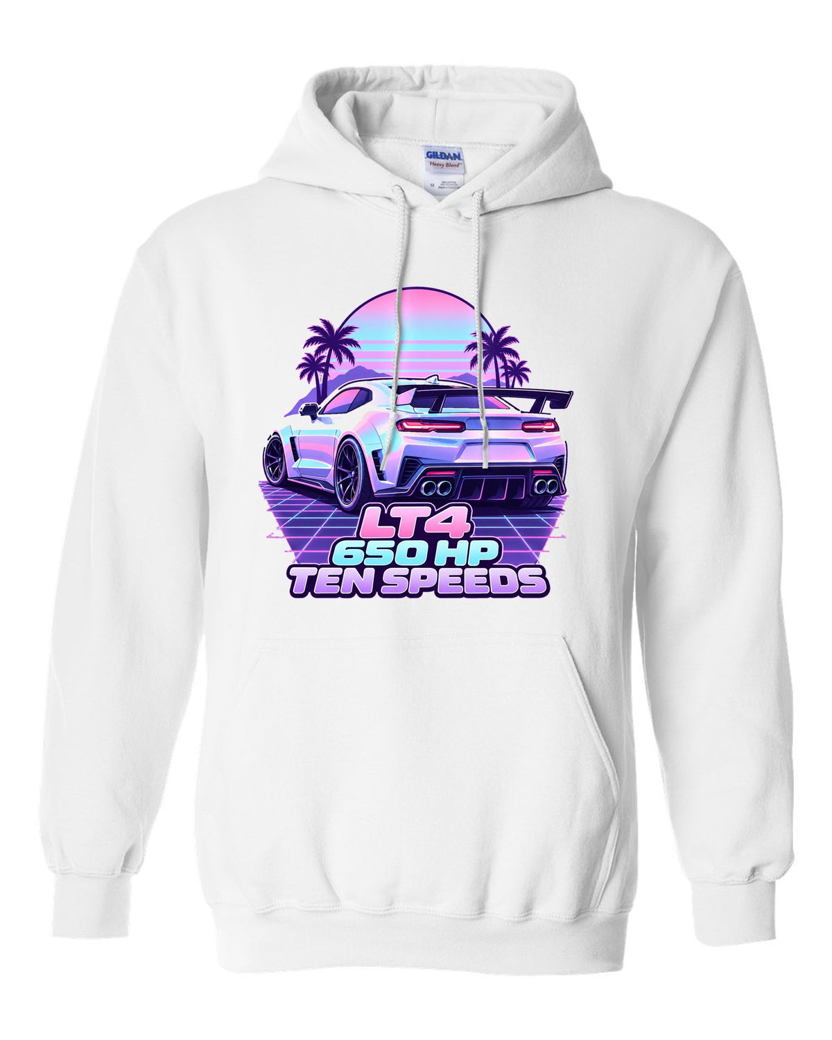 2019 Chevrolet Camaro ZL1 LT4 vaporwave pastel print with 650 HP text white pull over hoodie front view with the design