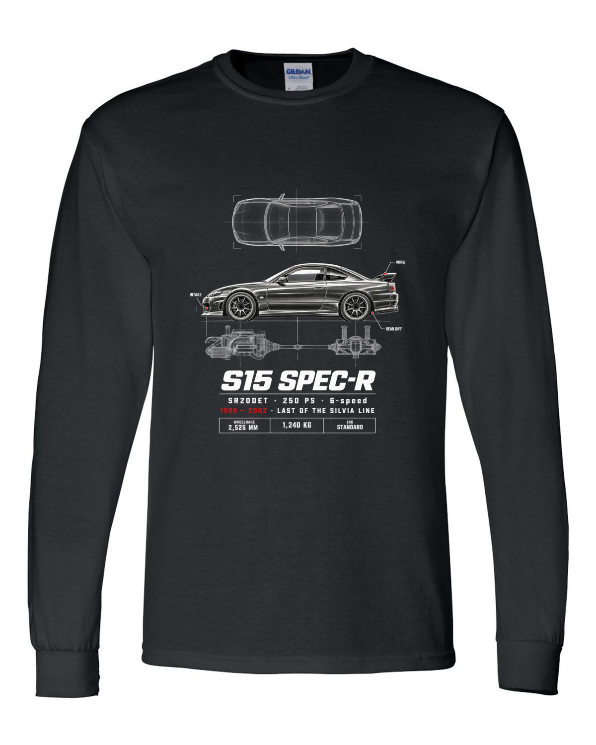 Spec poster print of a Nissan Silvia S15 Spec-R top-down profile with SR20DET data black long sleeve front view with the design