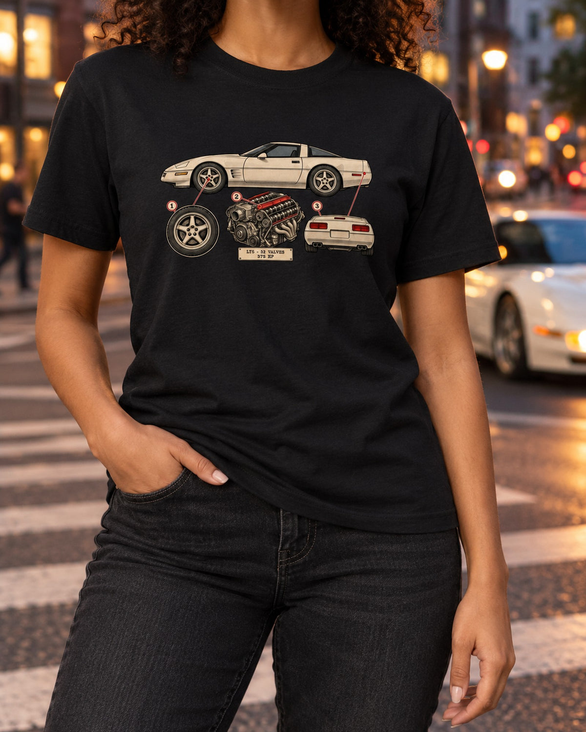 1997 Corvette C5 Neon HUD Wireframe Highway Shirt, LT5 375 HP T-Shirt Black worn hero