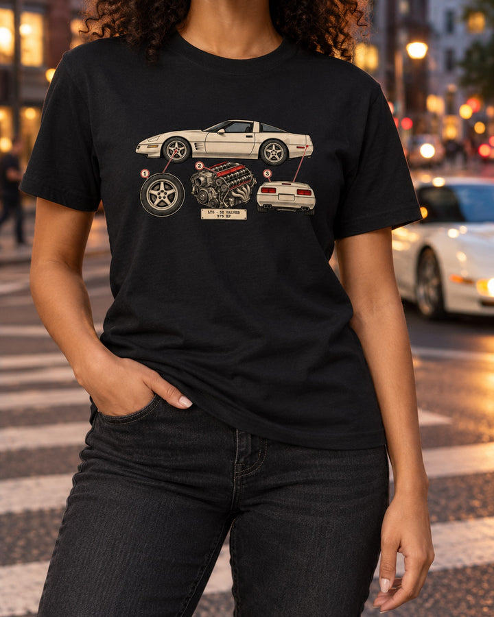 1997 Corvette C5 Neon HUD Wireframe Highway Shirt, LT5 375 HP T-Shirt Black worn hero
