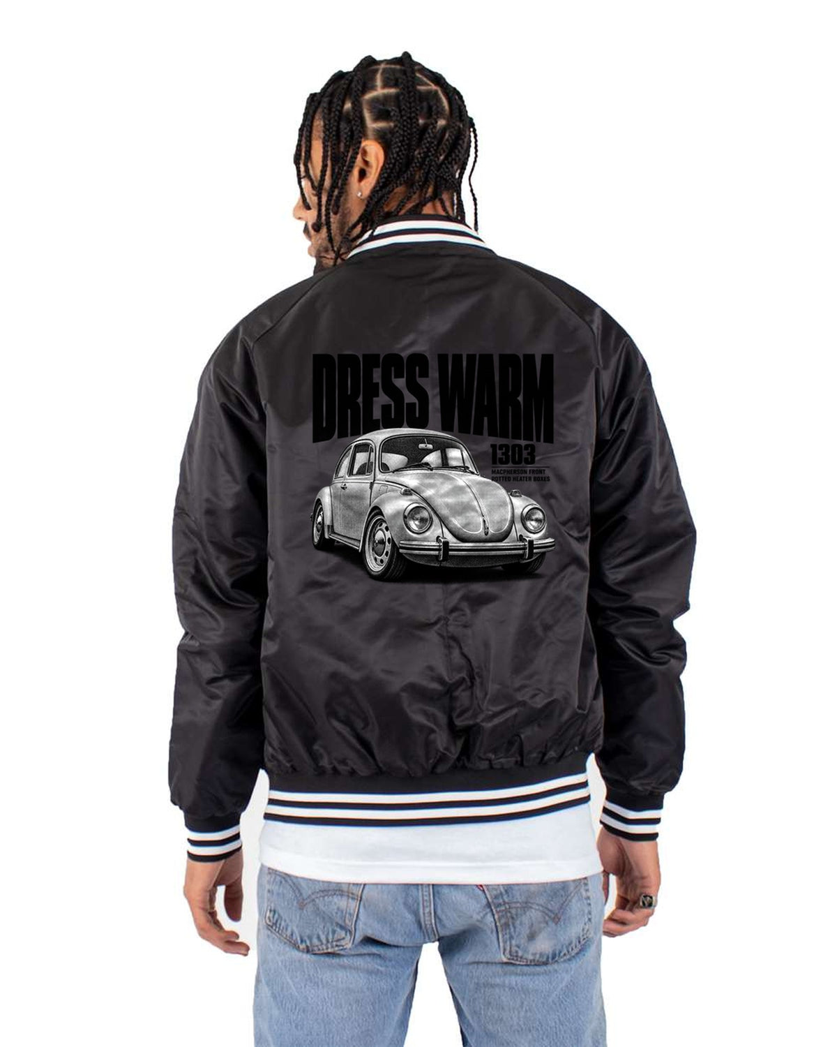 VW Beetle Type 1 1303 Dress Warm Halftone Tee, Heater Box Joke Bomber Jacket Black back