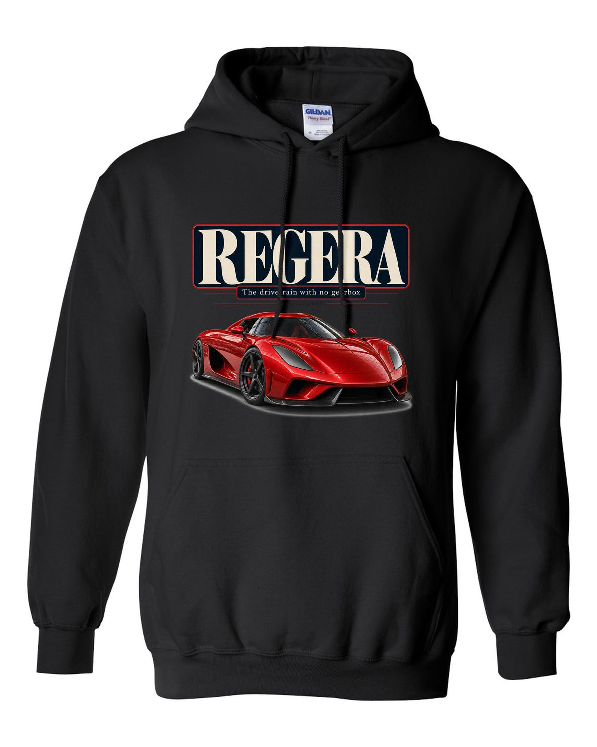 Editorial headline poster of the Koenigsegg Regera about its drivetrain, print black pull over hoodie front view with the design