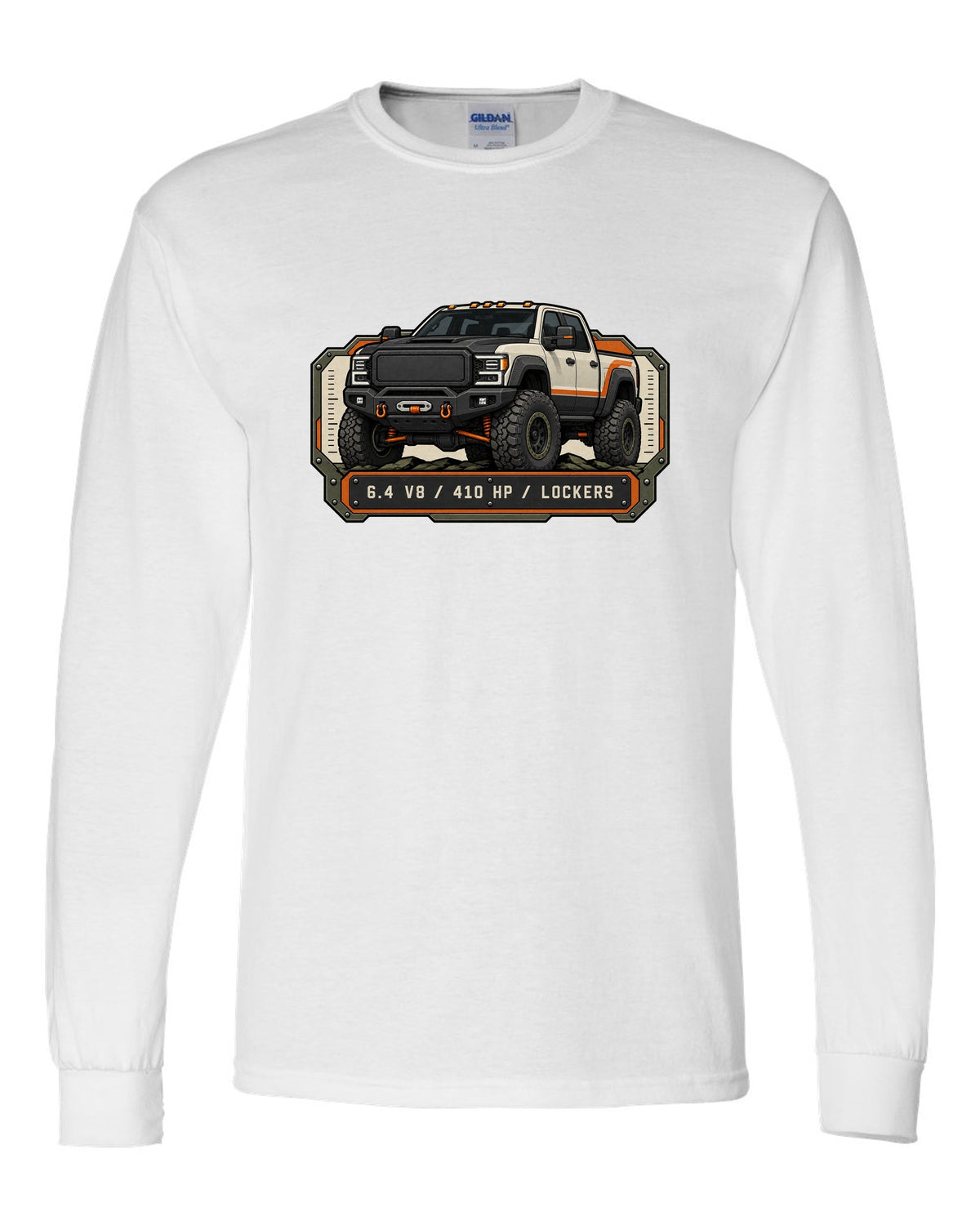 Spec-sheet data plate print of a Ram Power Wagon 2500 winch bumper with 6.4 V8 410 HP lockers text white long sleeve front view with the design