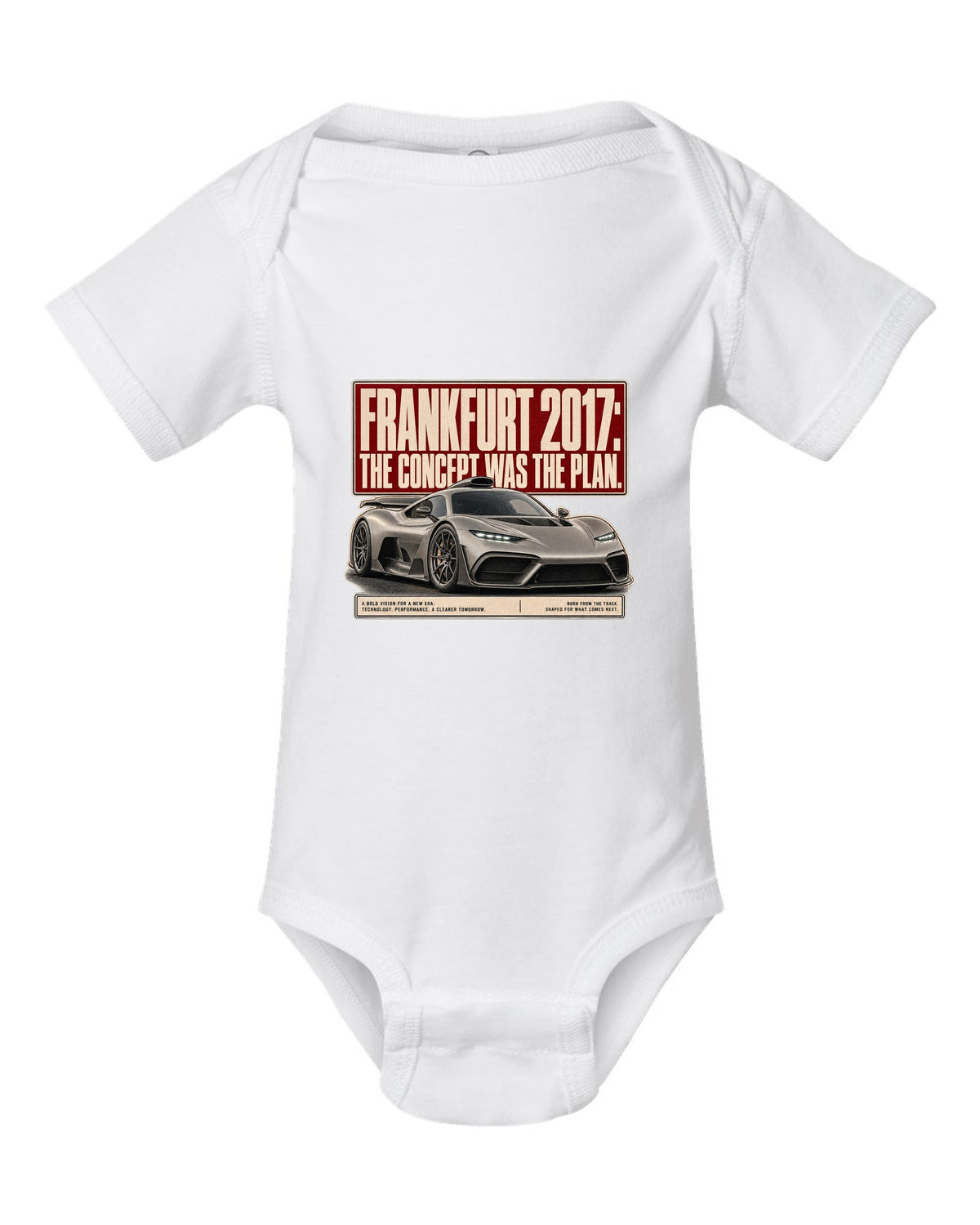 Mercedes-AMG Project One concept Frankfurt 2017 editorial headline design white baby onesie front view with the design