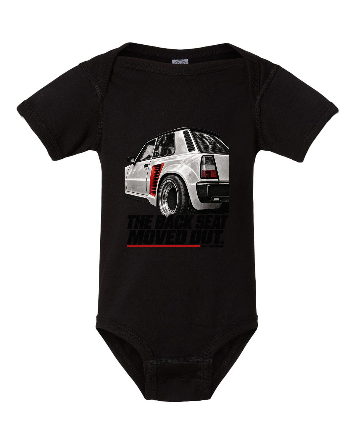 Renault 5 Turbo rear detail macro print with back seat caption black baby onesie front view with the design