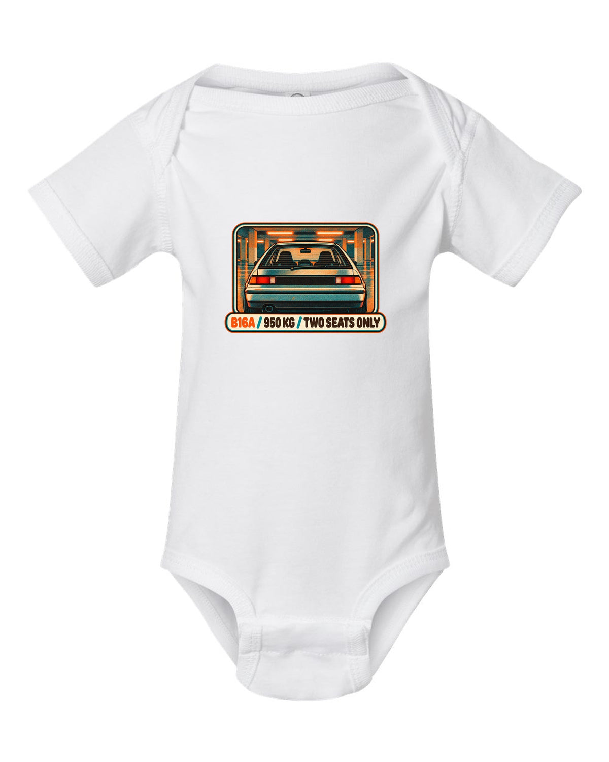 Grunge stencil print of a Honda NSX-R with No A/C No Stereo lettering white baby onesie front view with the design