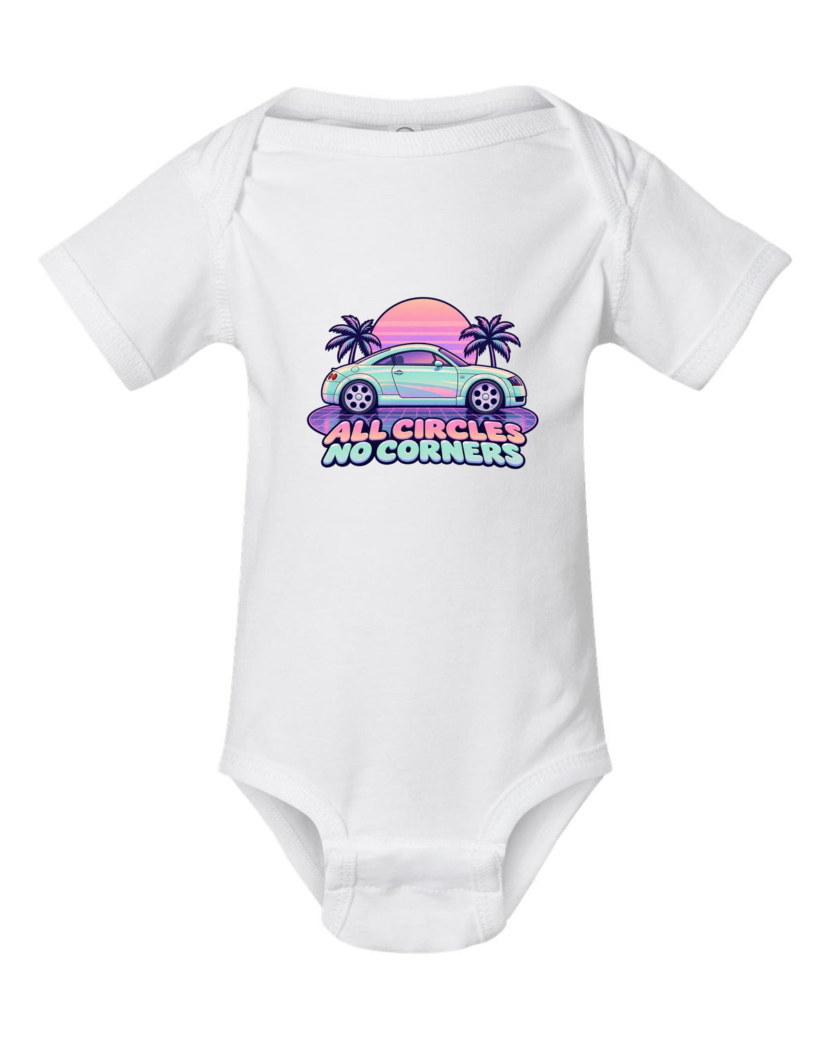 Pastel vaporwave print of an Audi TT Coupe 8N with all circles no corners text white baby onesie front view with the design