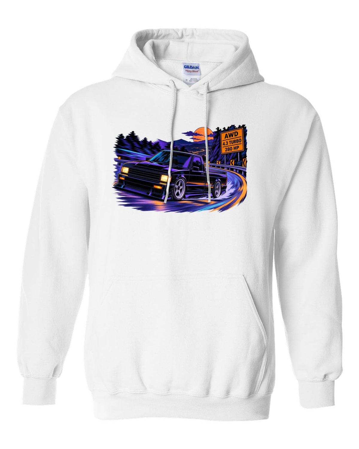Cel-shaded anime night mountain road print of a 1991 GMC Syclone with AWD 4.3 turbo 280 HP lettering white pull over hoodie front view with the design