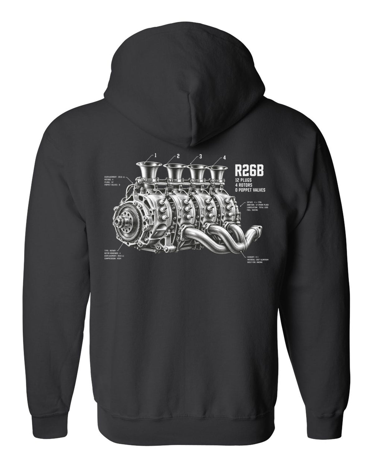 Mazda 787B R26B four-rotor engine illustration with 12 plugs and 4 rotors text black zip hoodie back view with the design