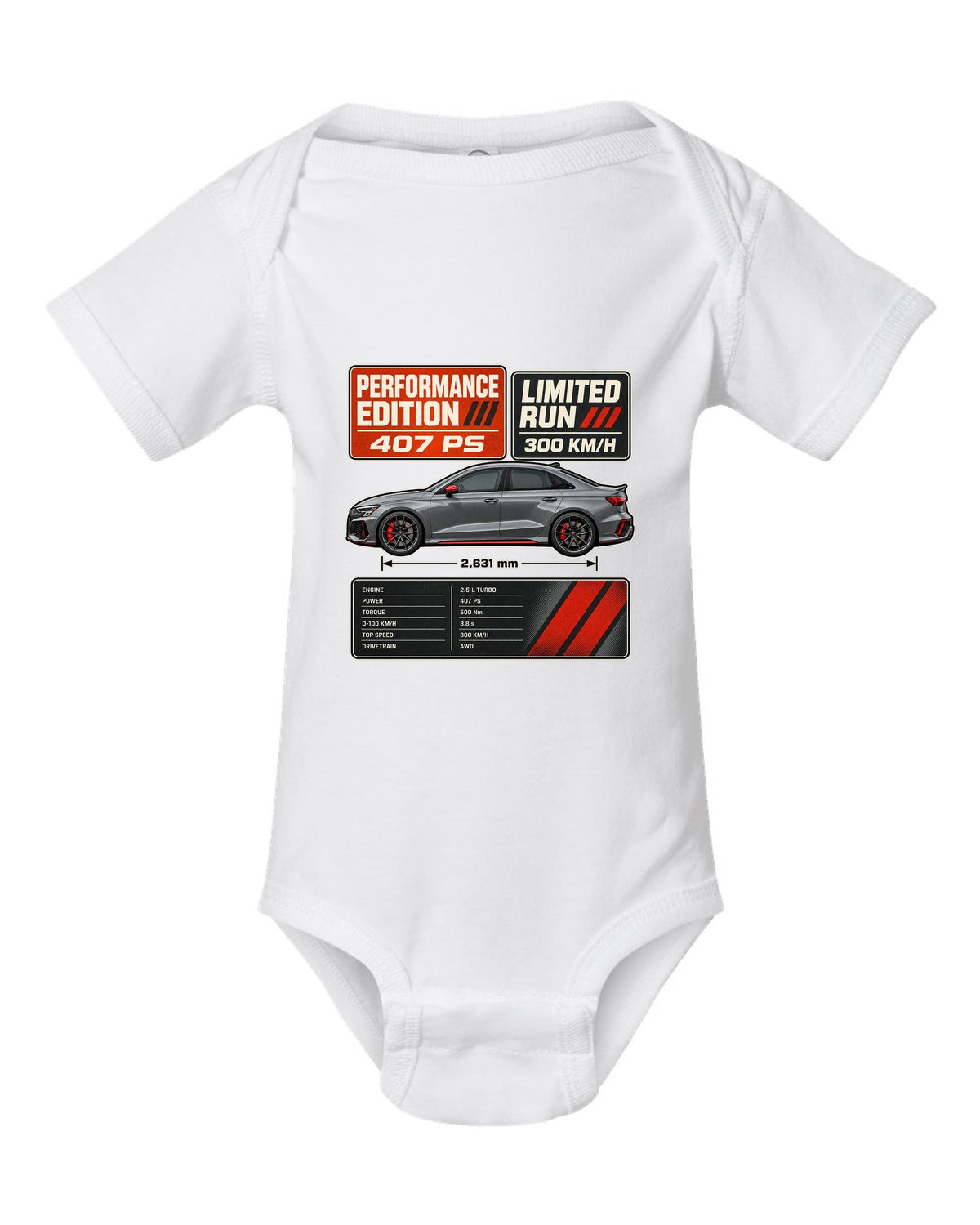 Grey and orange spec poster for the Audi RS3 8Y Performance Edition white baby onesie front view with the design