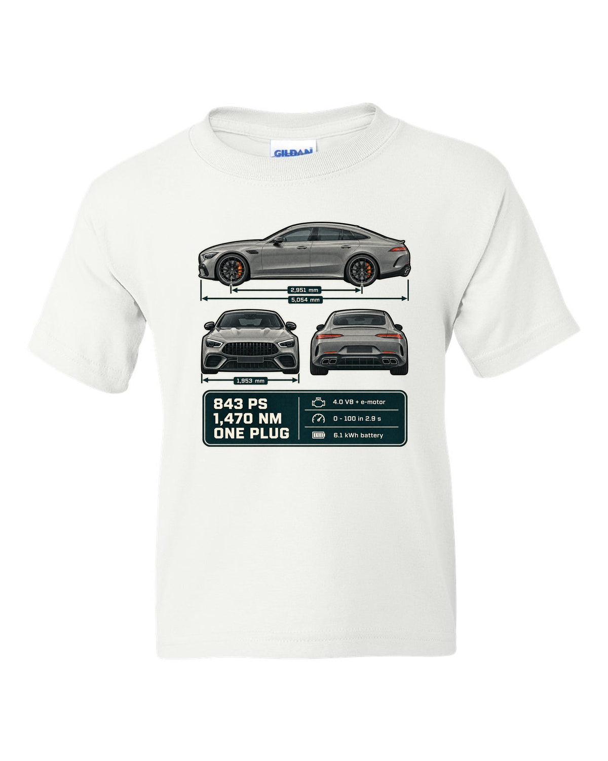 Mercedes-AMG GT 63 S E Performance 4-Door three-view warm grey print white kids tee front view with the design
