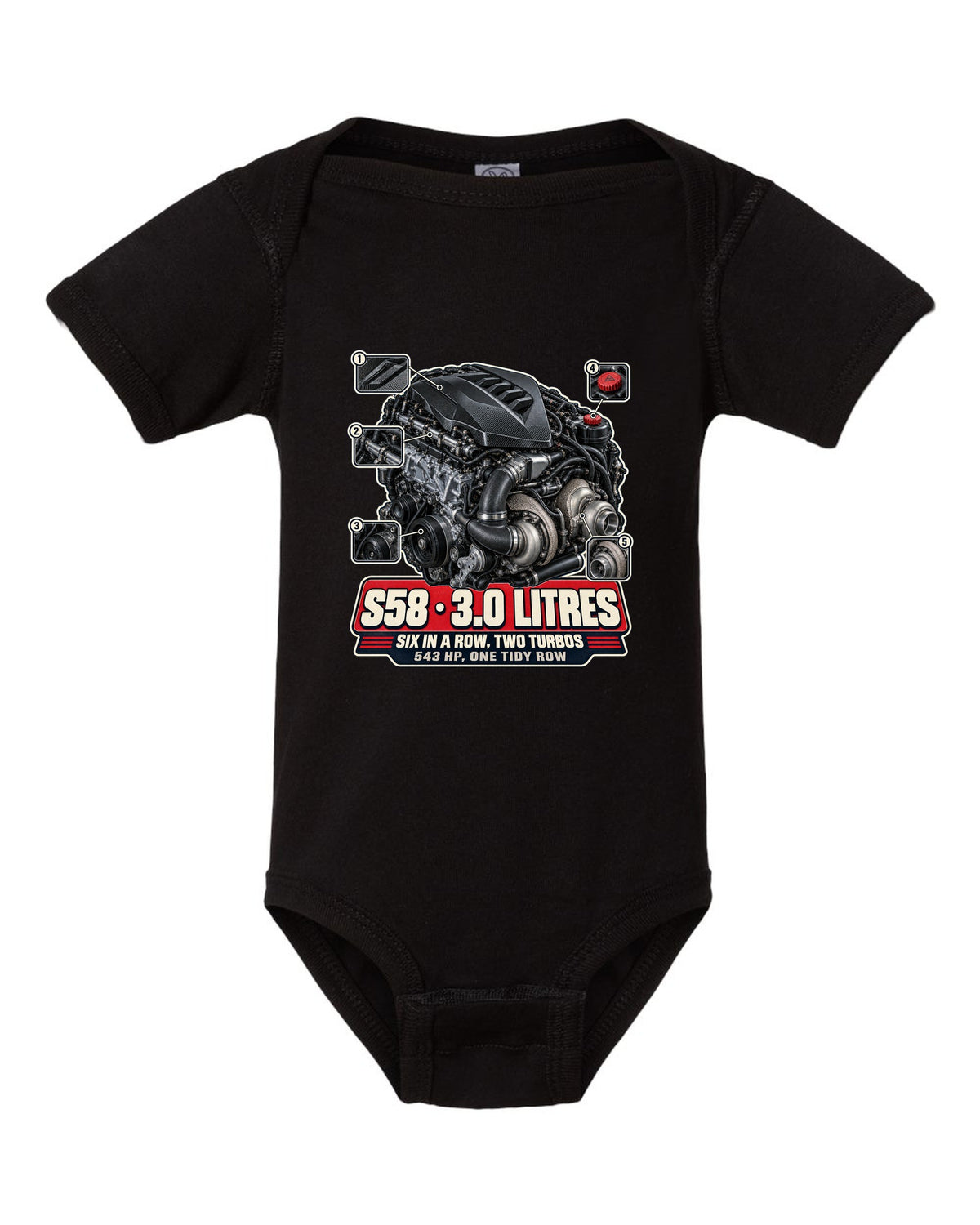 BMW M4 CSL G82 S58 engine bay hero print black baby onesie front view with the design