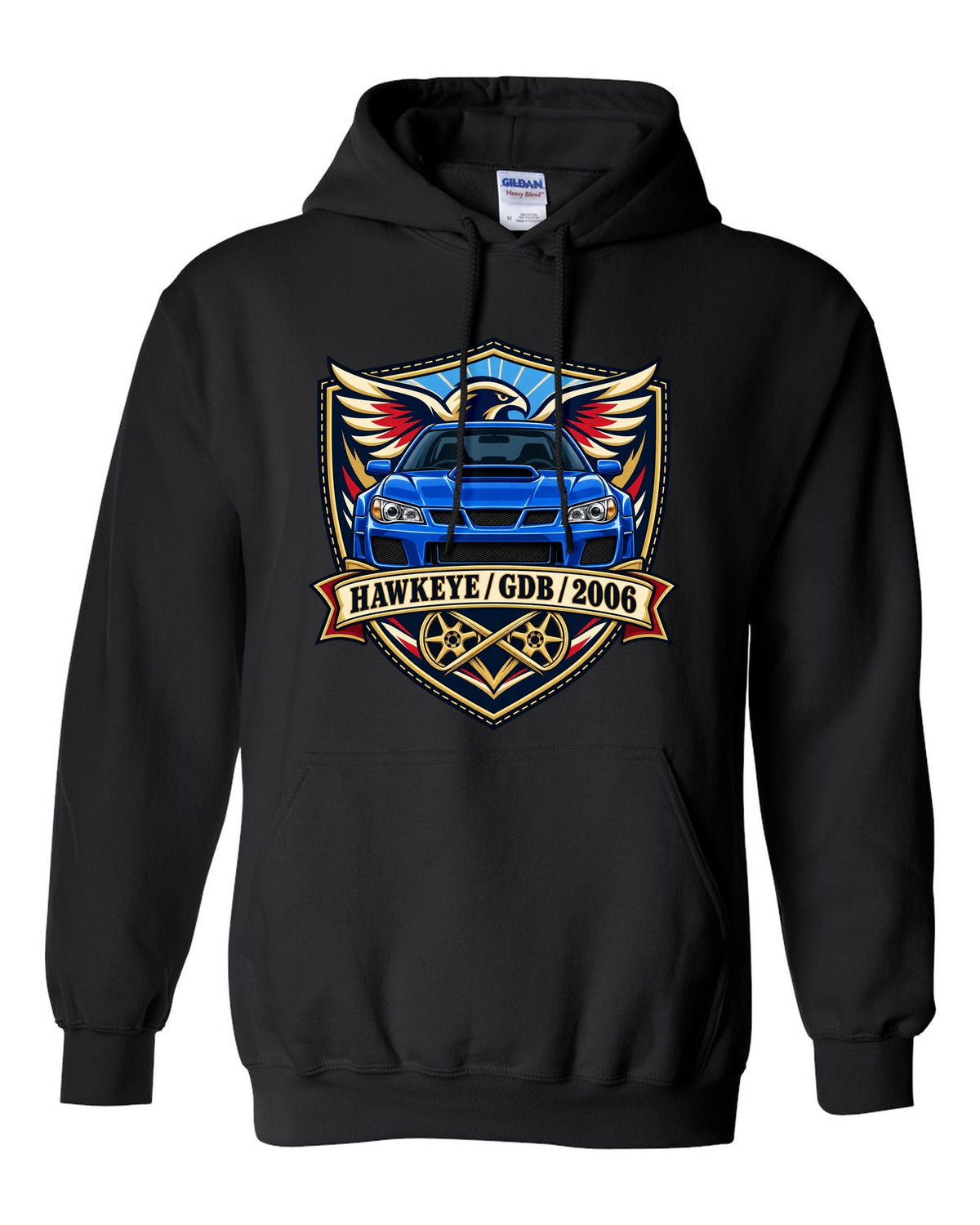 Subaru Impreza WRX STI GDB Hawkeye varsity crest print reading HAWKEYE / GDB / 2006 black pull over hoodie front view with the design