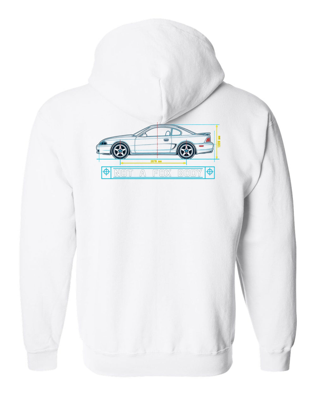 1994-98 SN95 Mustang Coupe Blueprint white zip hoodie back view with the design