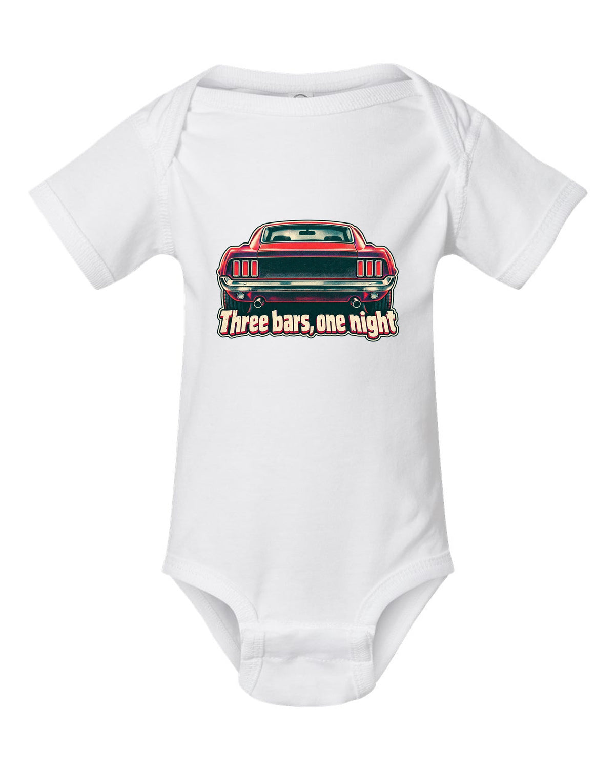 Risograph halftone print of the 1969 Ford Mustang fastback taillights with three bars white baby onesie front view with the design