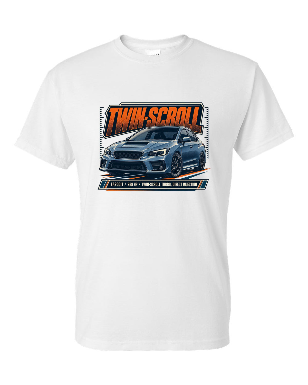 Subaru WRX VA sedan front three-quarter halftone design white t-shirt front view with the design