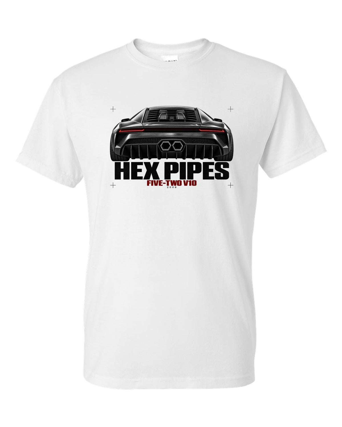 Exhaust macro print of a Lamborghini Gallardo LP560-4 with Hex Pipes and Five-Two V10 text white t-shirt front view with the design
