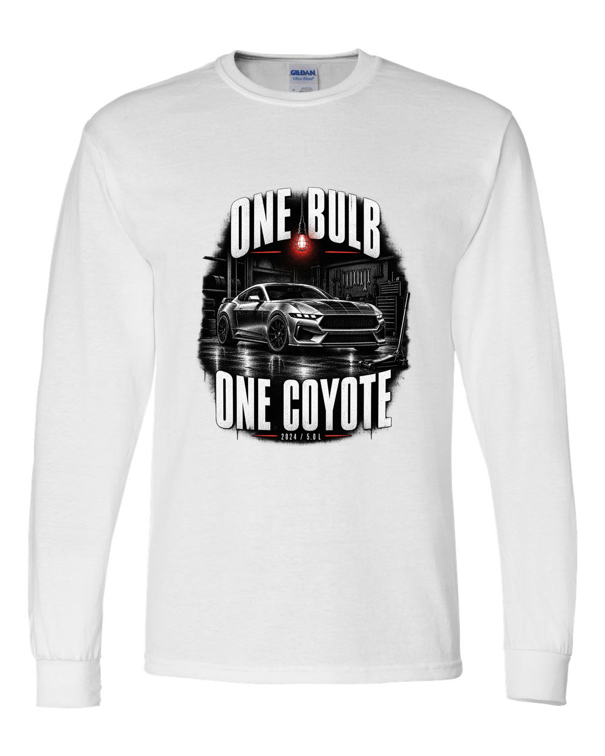 Ford Mustang S650 GT coupe in a dimly lit garage, one bulb one Coyote print white long sleeve front view with the design