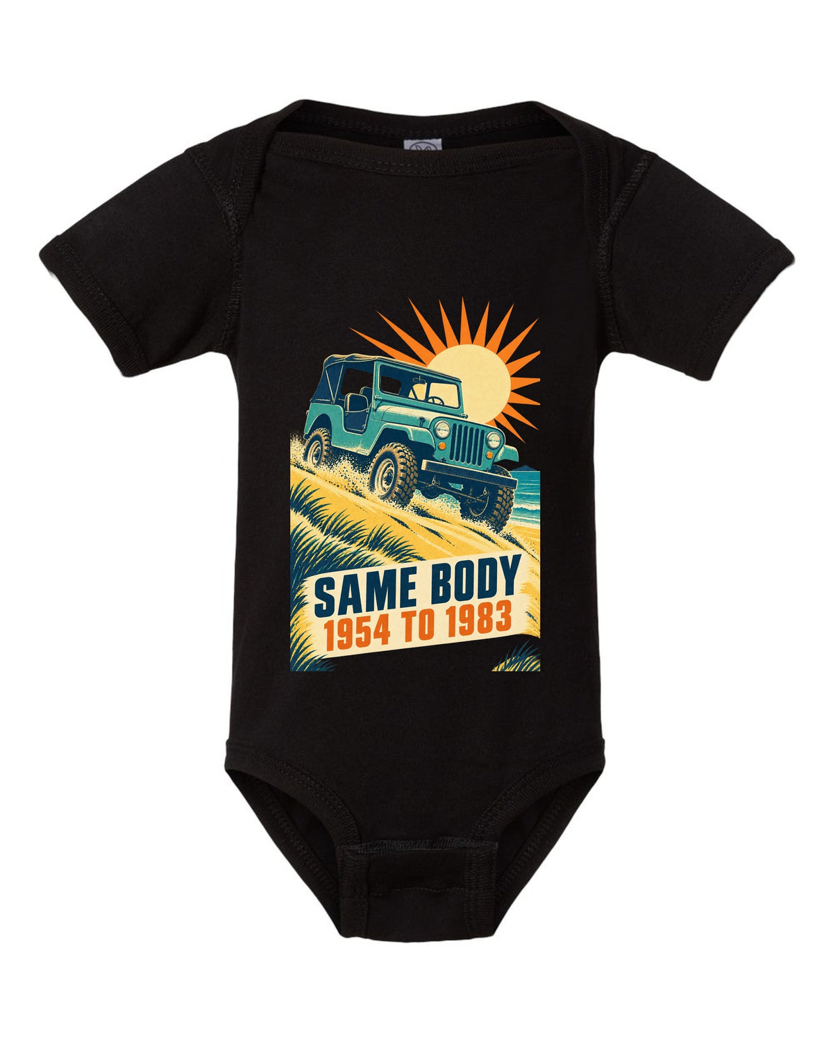 Vintage race poster print of a Jeep CJ-5 climbing a dune black baby onesie front view with the design