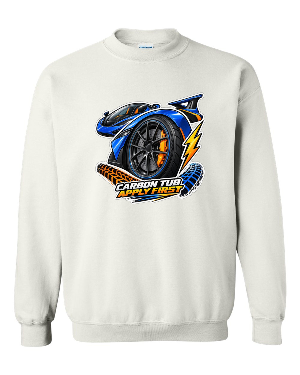 Sticker-bomb collage print for the 2017-2022 Ford GT with carbon tub text white crewneck front view with the design