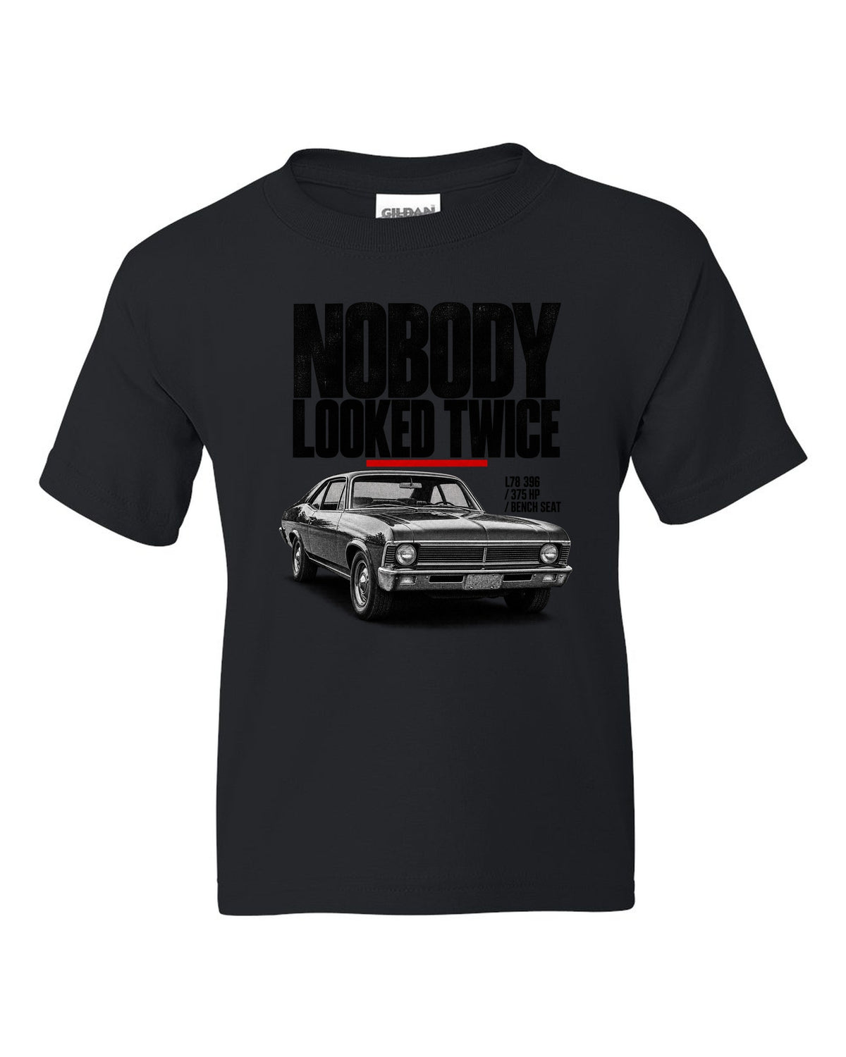 1969 Nova SS 396 halftone front three-quarter print with L78 396 specs black kids tee front view with the design
