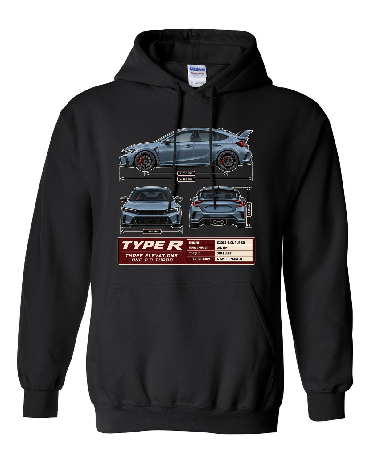 Civic Type R FL5 Three-View Spec Sheet Tee for Car Guys black pull over hoodie front view with the design