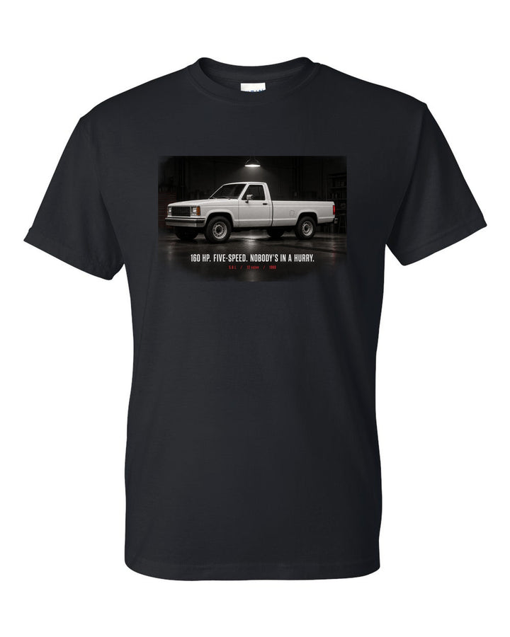 Dodge D250 1st Gen 1989-93 Garage Night black t-shirt front view with the design