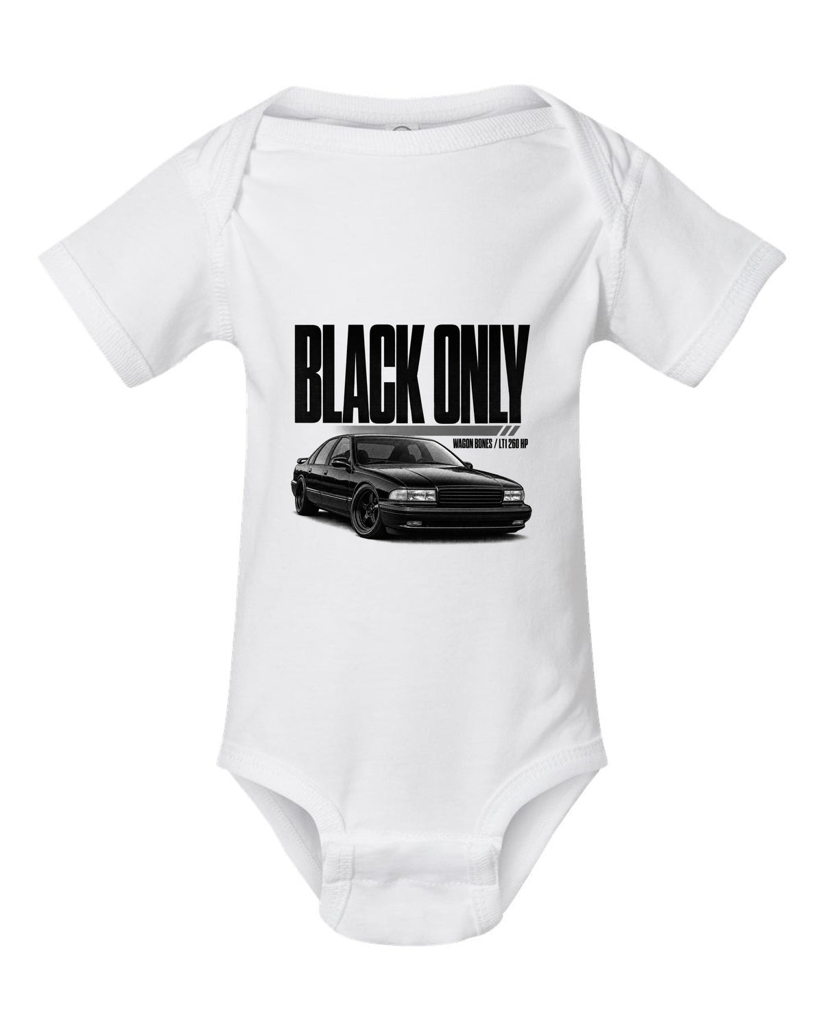 1994 Impala SS front three-quarter halftone print with LT1 text white baby onesie front view with the design
