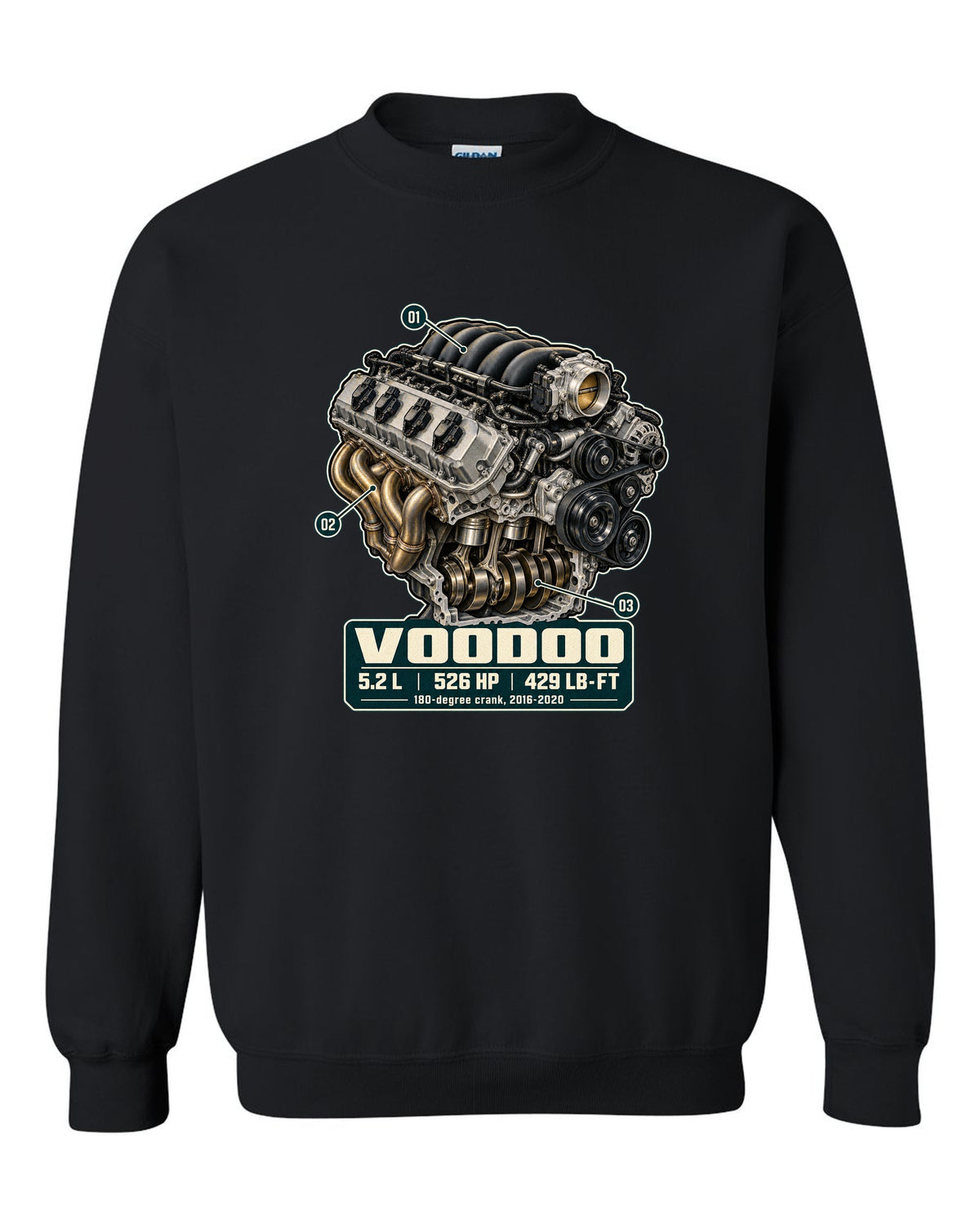 Ford Mustang S550 Shelby GT350 Voodoo 5.2 L engine hero print black crewneck front view with the design