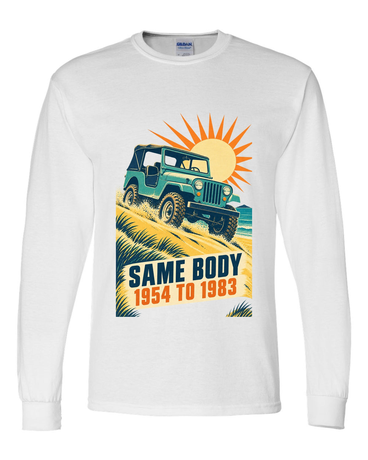 Vintage race poster print of a Jeep CJ-5 climbing a dune white long sleeve front view with the design