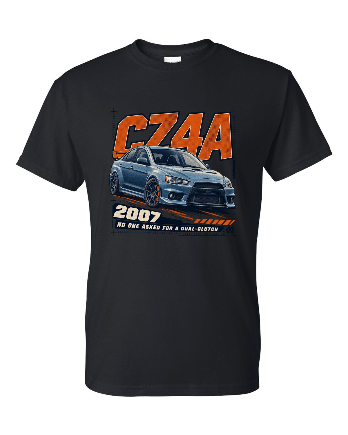 Mitsubishi Lancer Evolution X CZ4A front three-quarter halftone print black t-shirt front view with the design